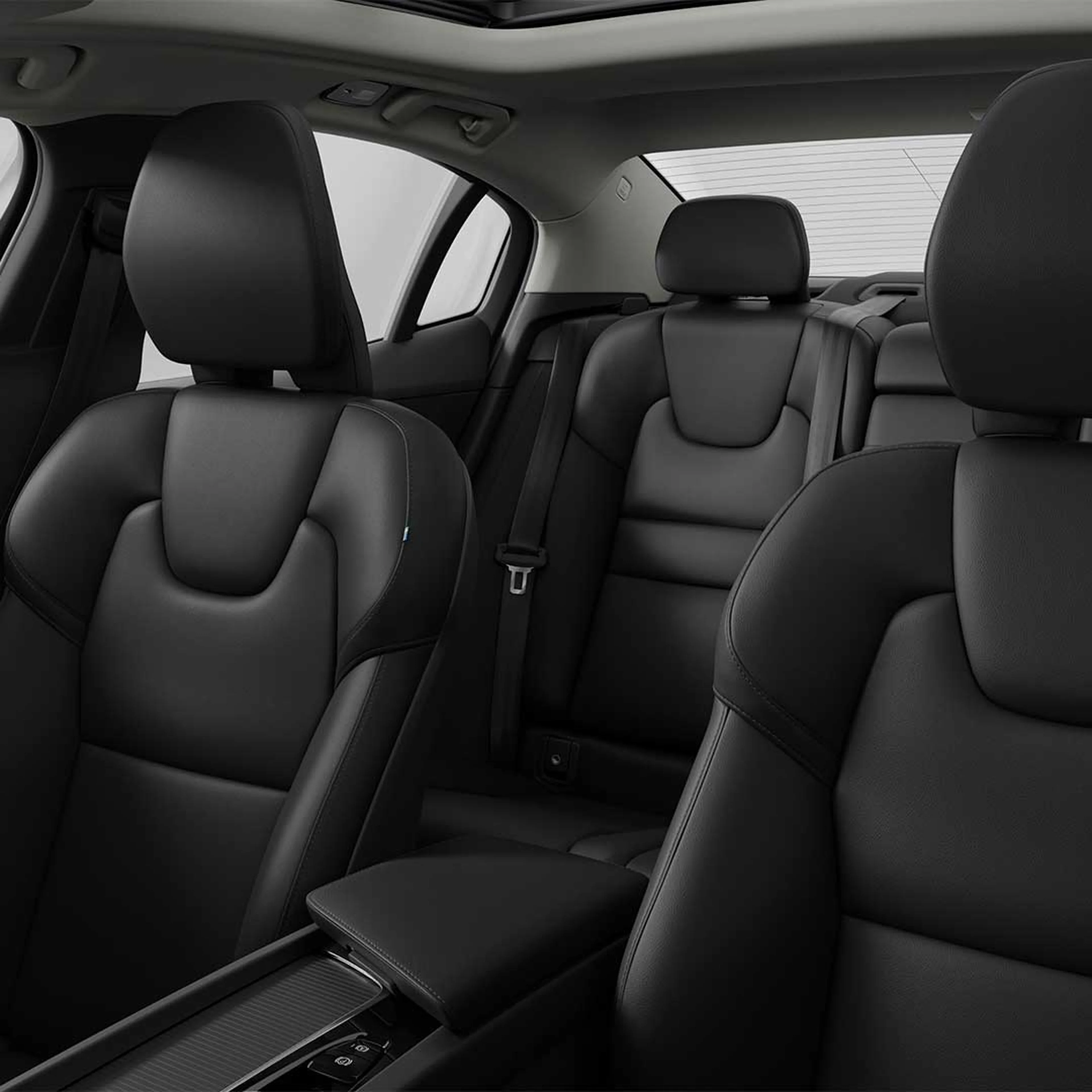 All five dark black leather seats in the Volvo S60 mild hybrid.