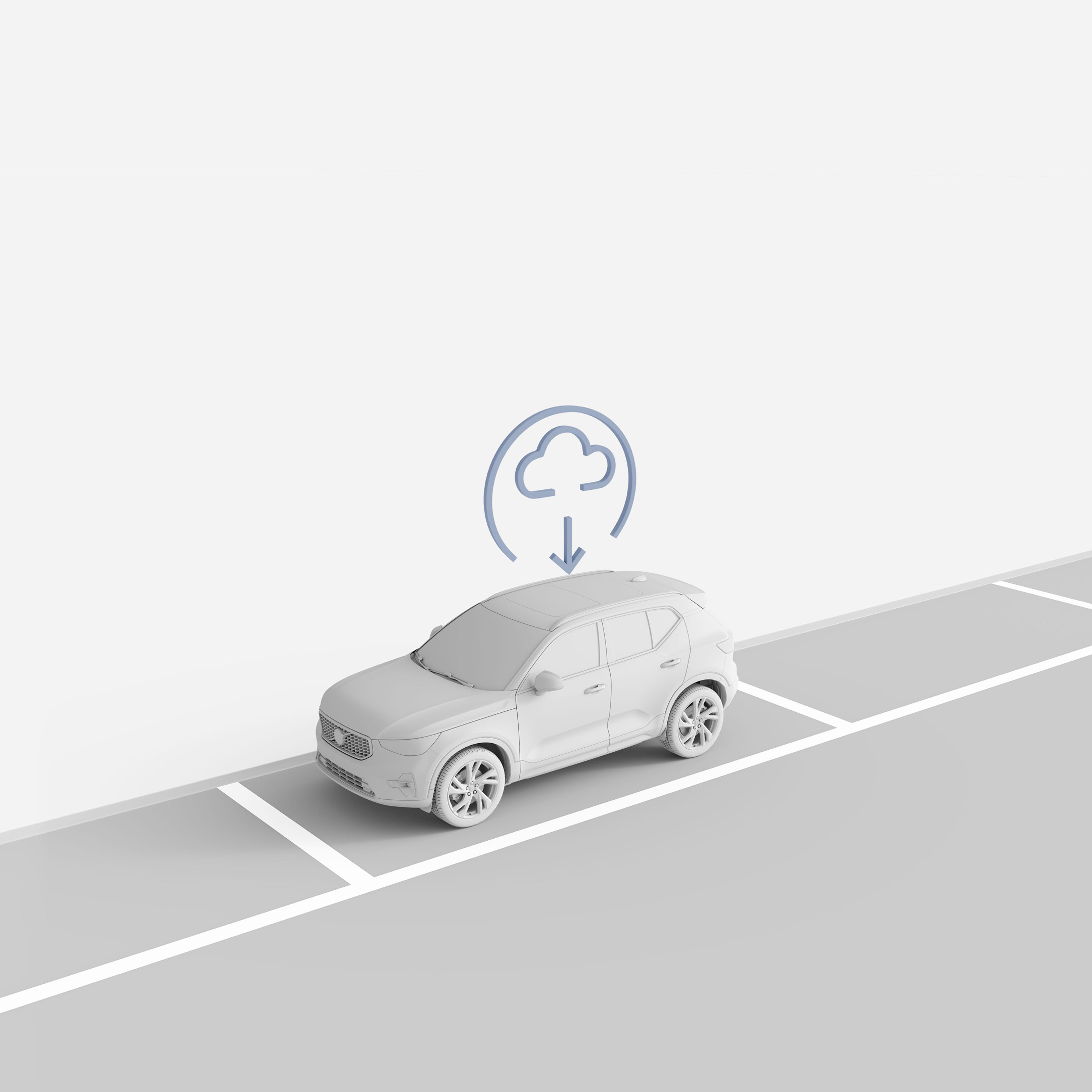 Ilustracja przedstawiająca Volvo XC40 na miejscu parkingowym z ikoną chmury symbolizującą bezprzewodowe aktualizacje.