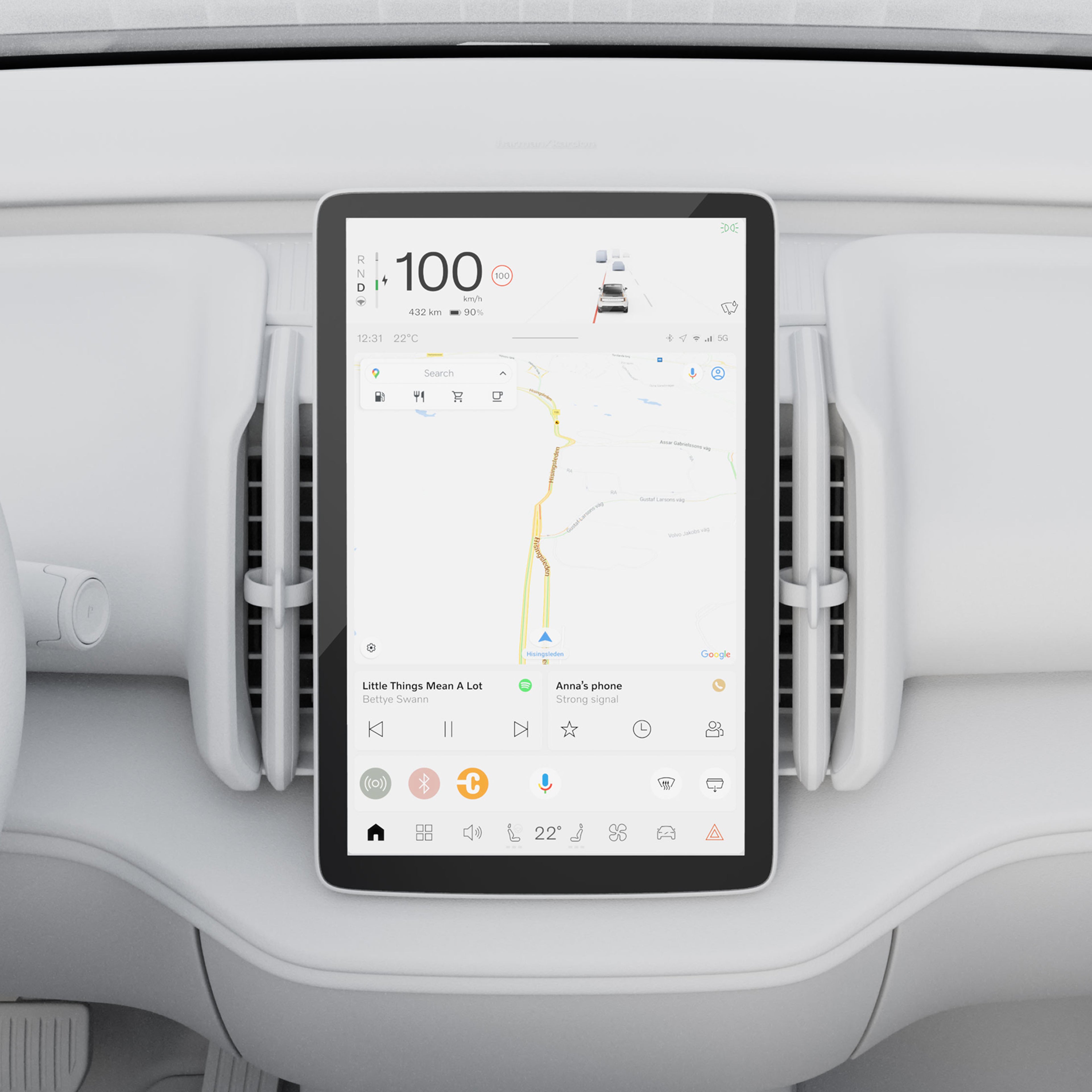 Close-up illustration of the Volvo EX30 center display, showcasing widgets like navigation and media.