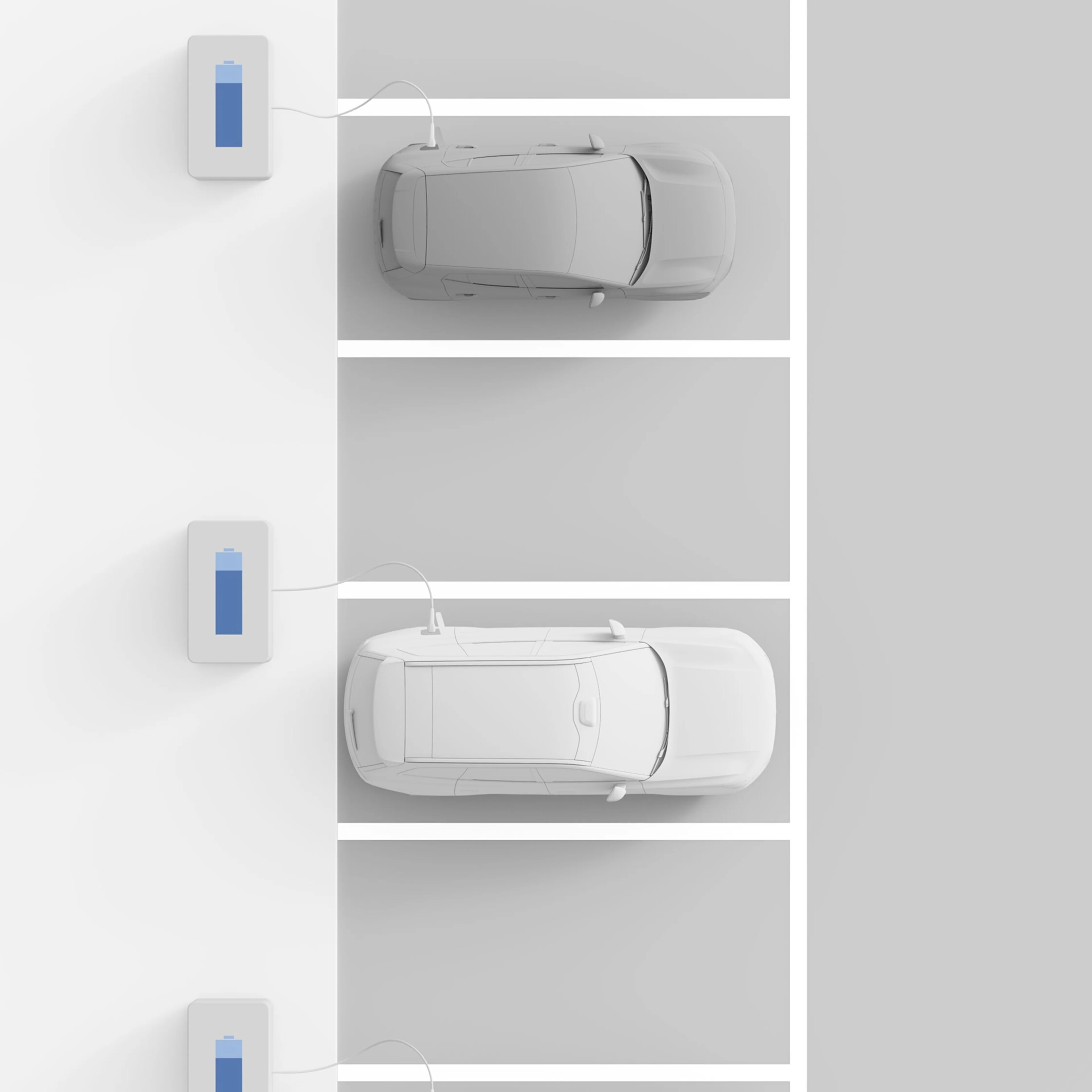 Volvo EX90 sedd ovanifrån står parkerad och ansluten till en laddstation. Visar hur smidigt offentlig laddning kan vara.