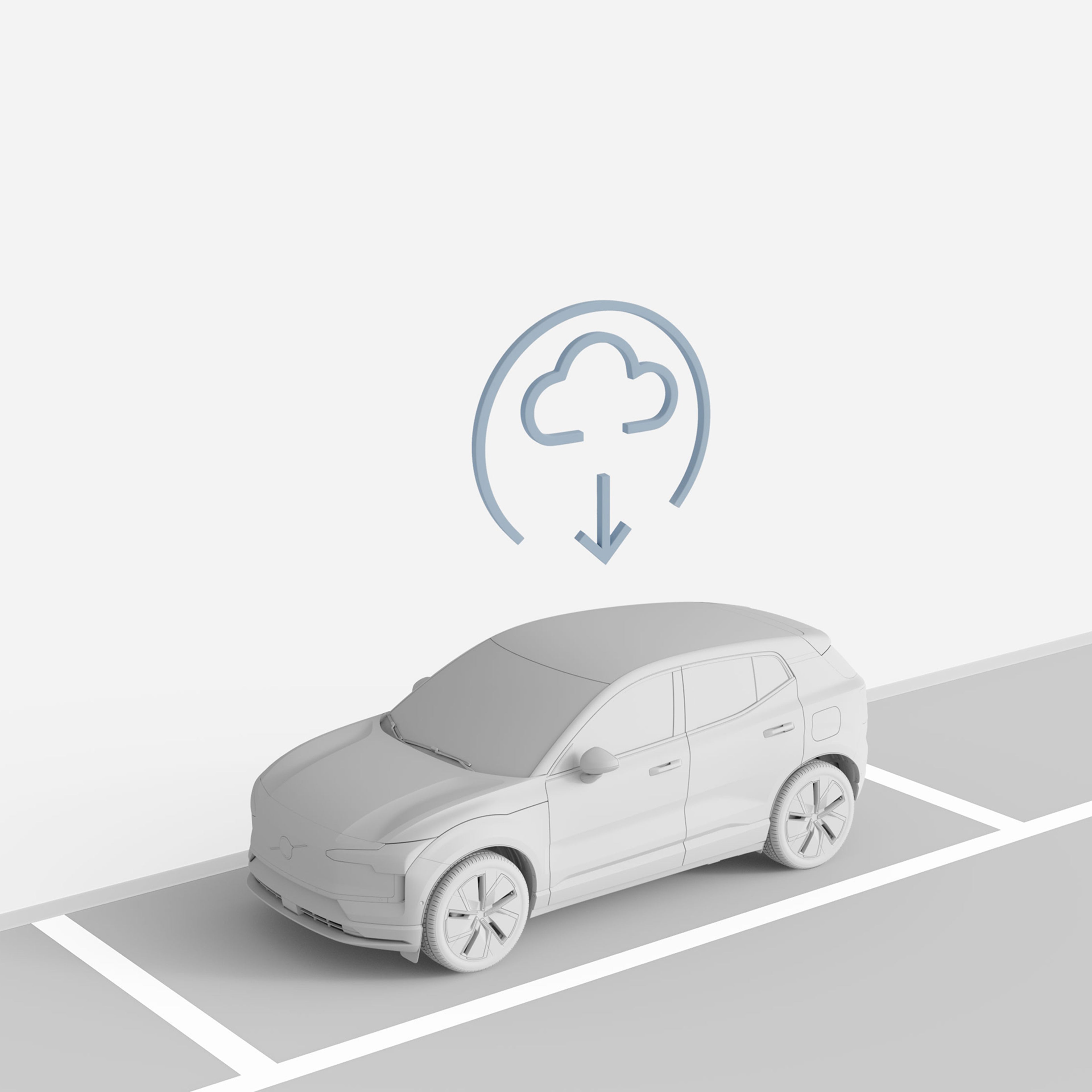 Illustration of the Volvo EX30 in a parking spot, with a cloud icon representing over-the-air updates.