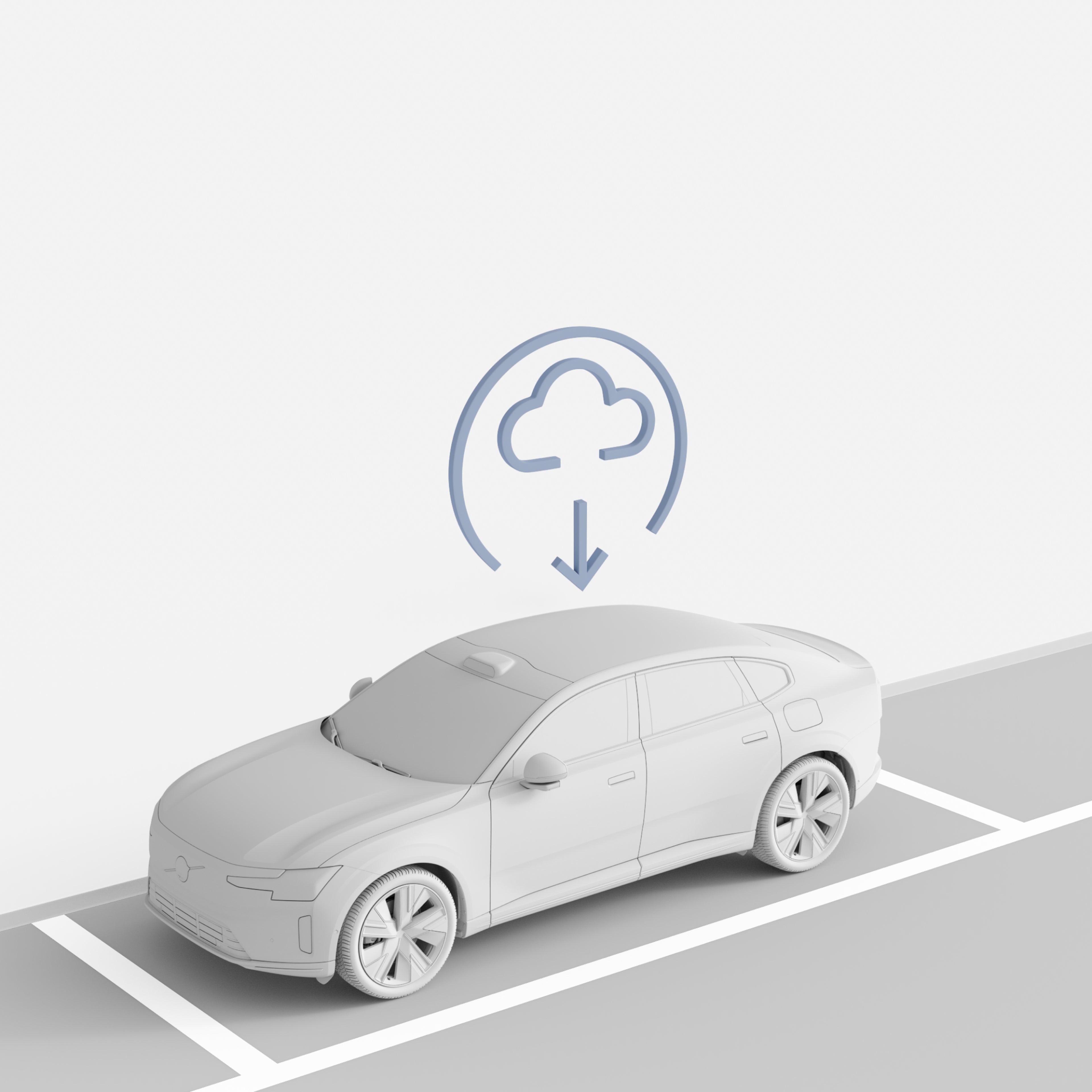 Illustratie van de Volvo ES90 op een parkeerplaats, met een wolkpictogram dat staat voor draadloze updates.