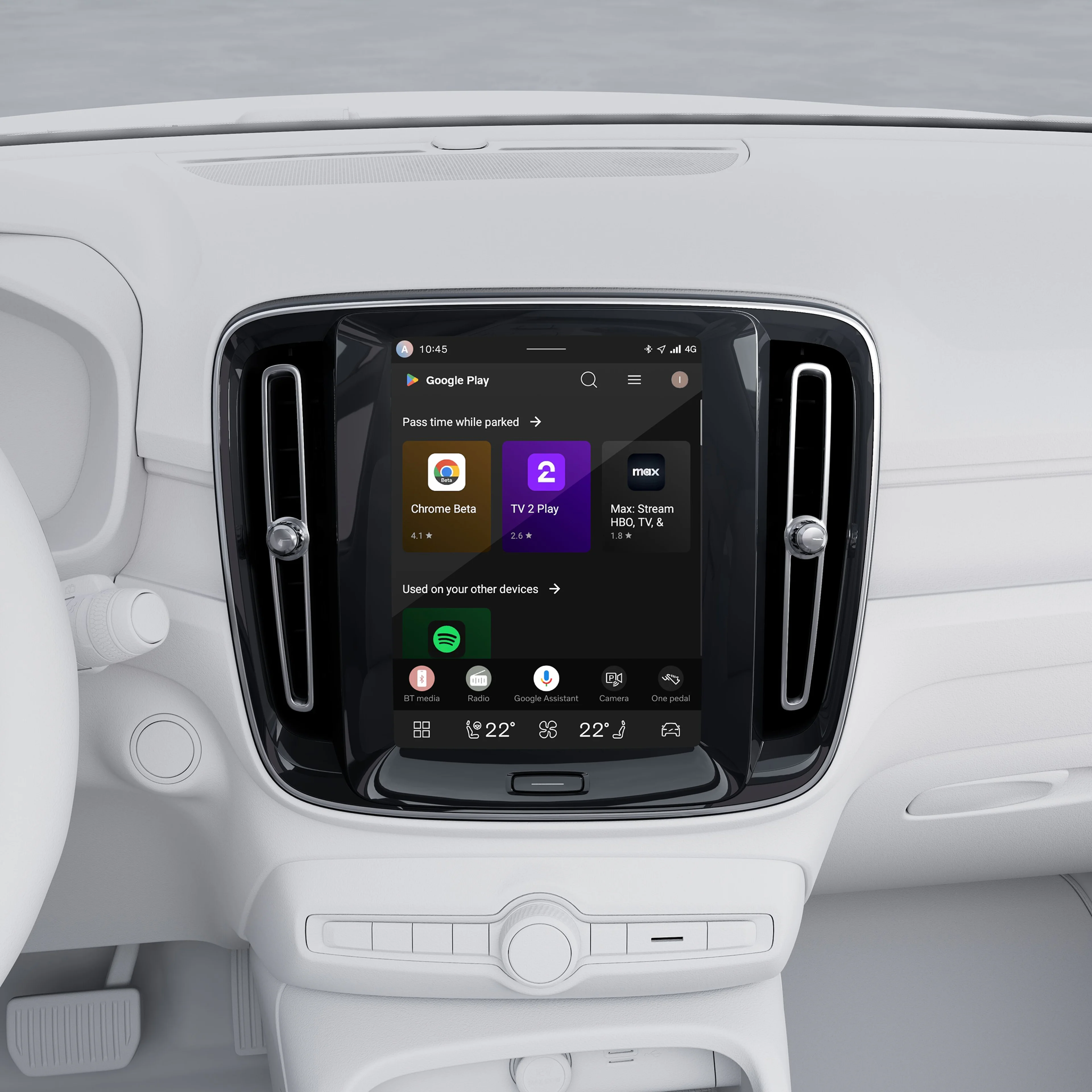 Free-standing centre display in the Volvo EC40 showcasing navigation, media, and controls on a sleek touchscreen.