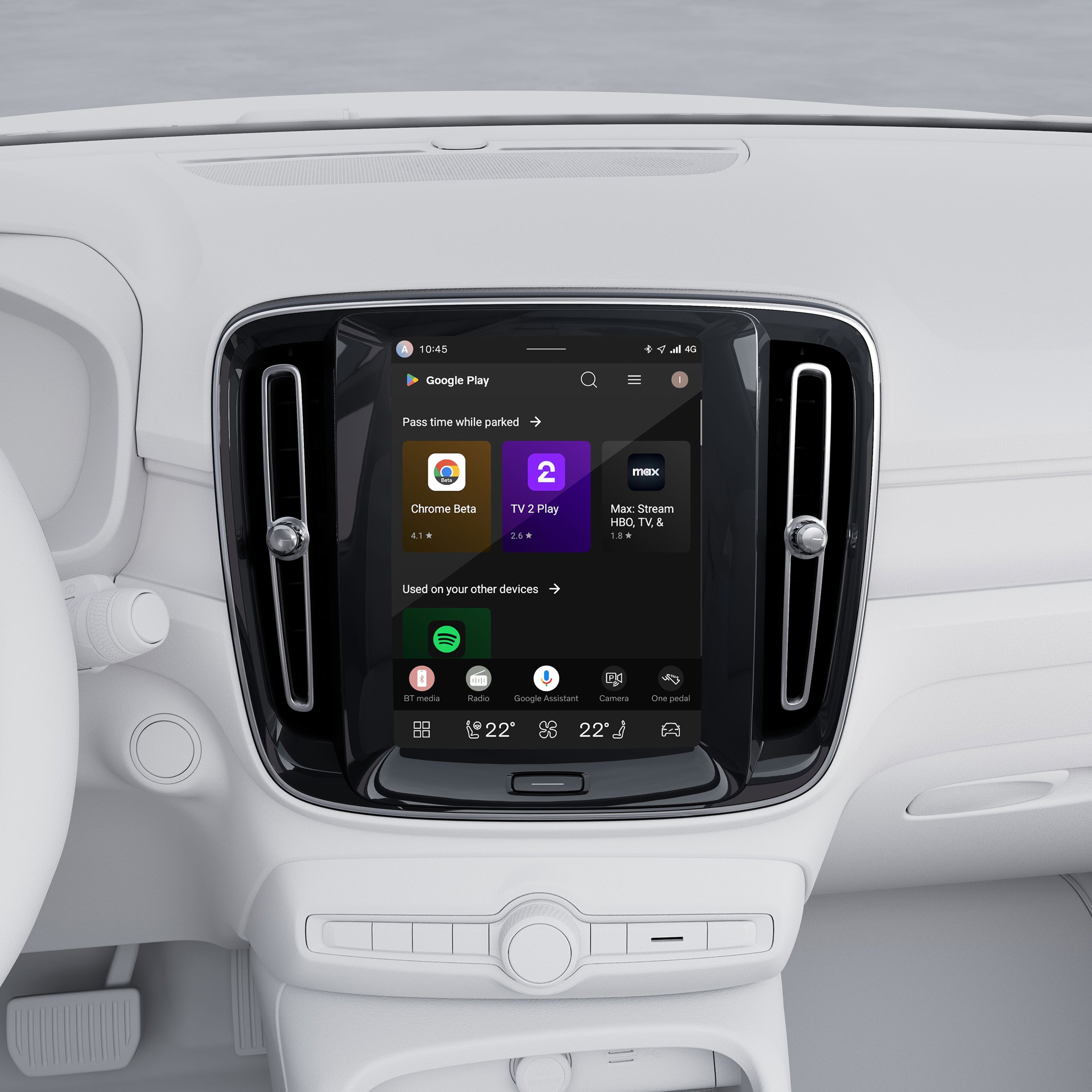 Frittstående midtdisplay i Volvoen EC40 som viser navigasjon, media og kontroller på en elegant berøringsskjerm.