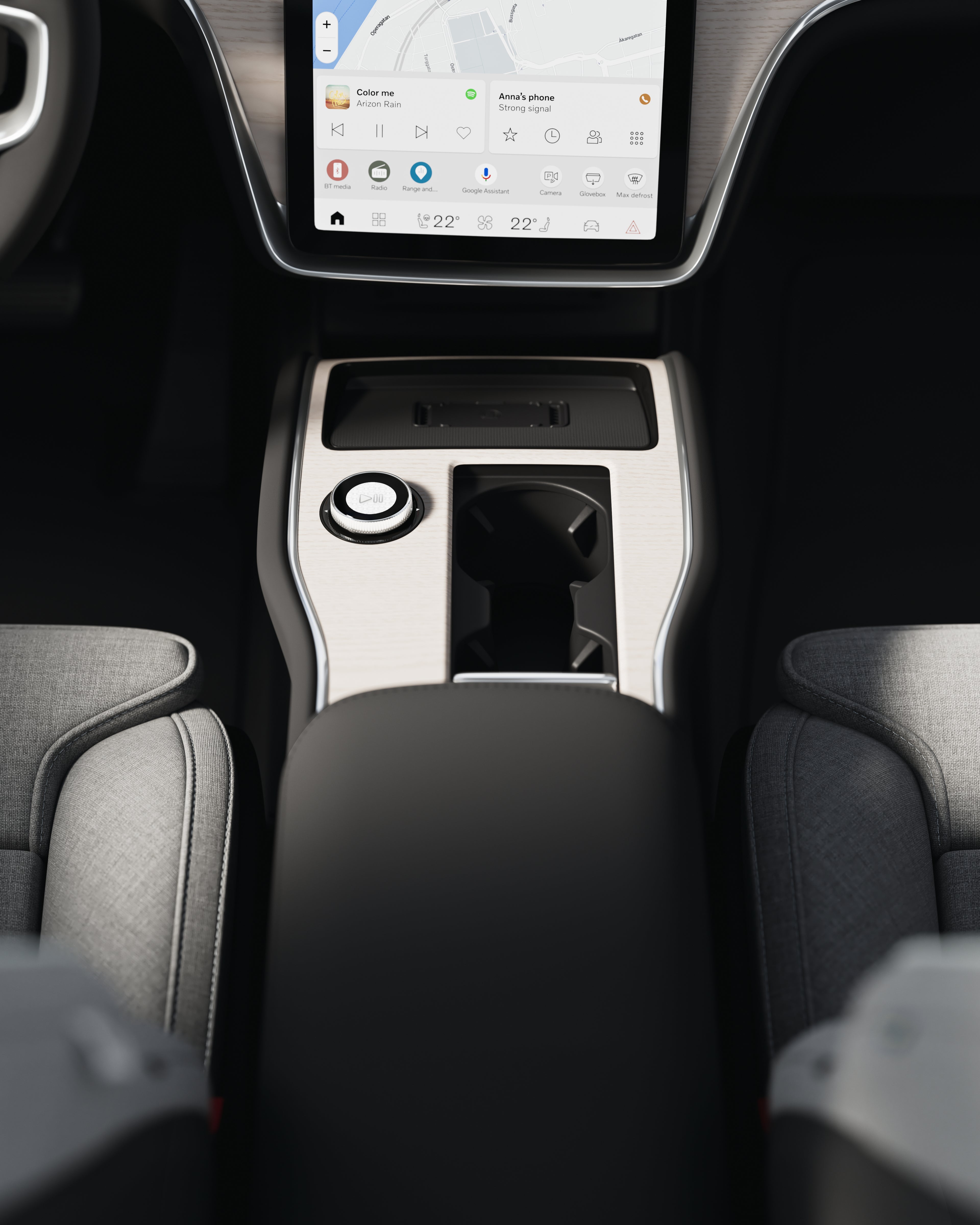 Top view of the center console and storage in the Volvo EX90