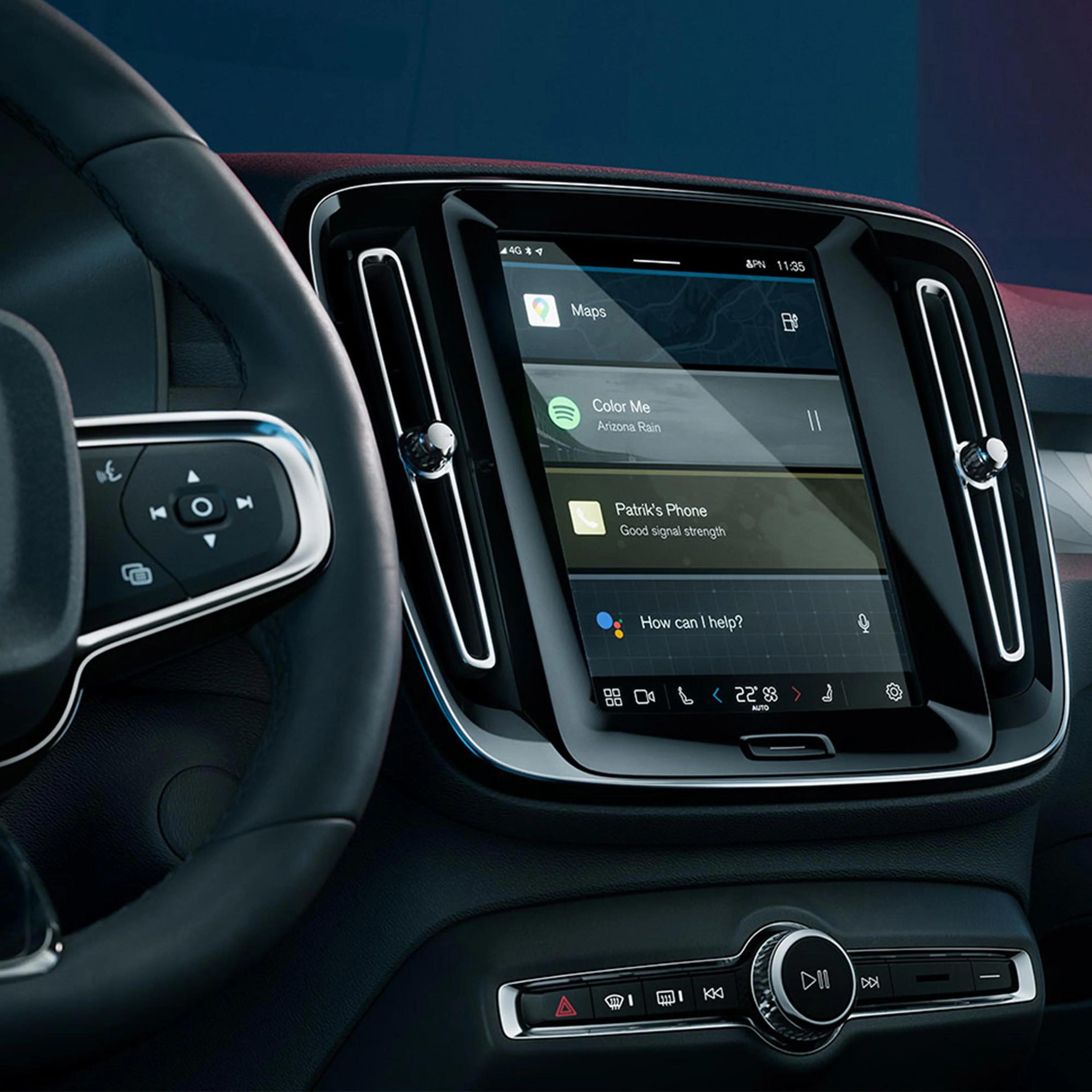 Volvo C40 Recharge driver view of steering wheel and center display.