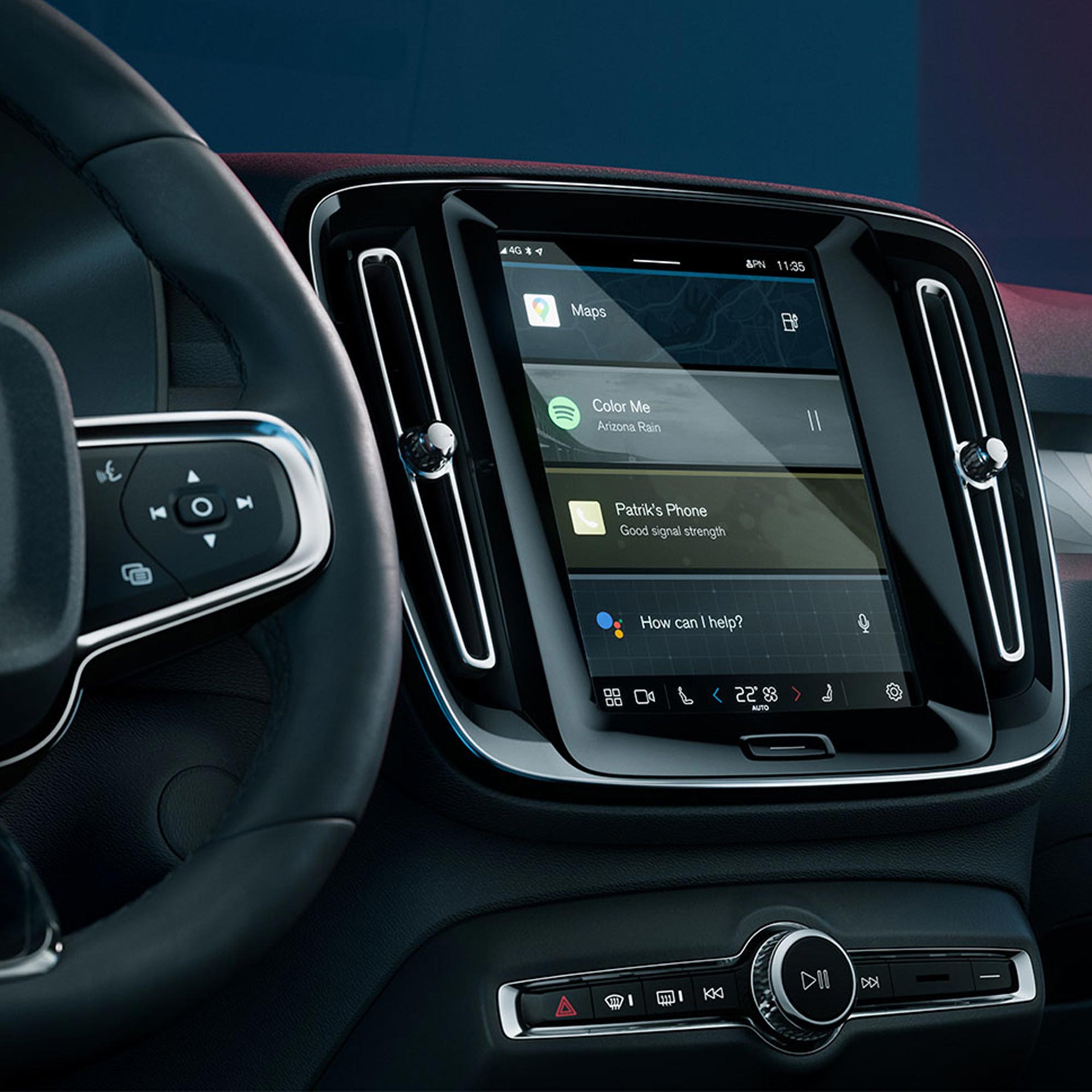 Volvo C40 Recharge driver view of steering wheel and center display.