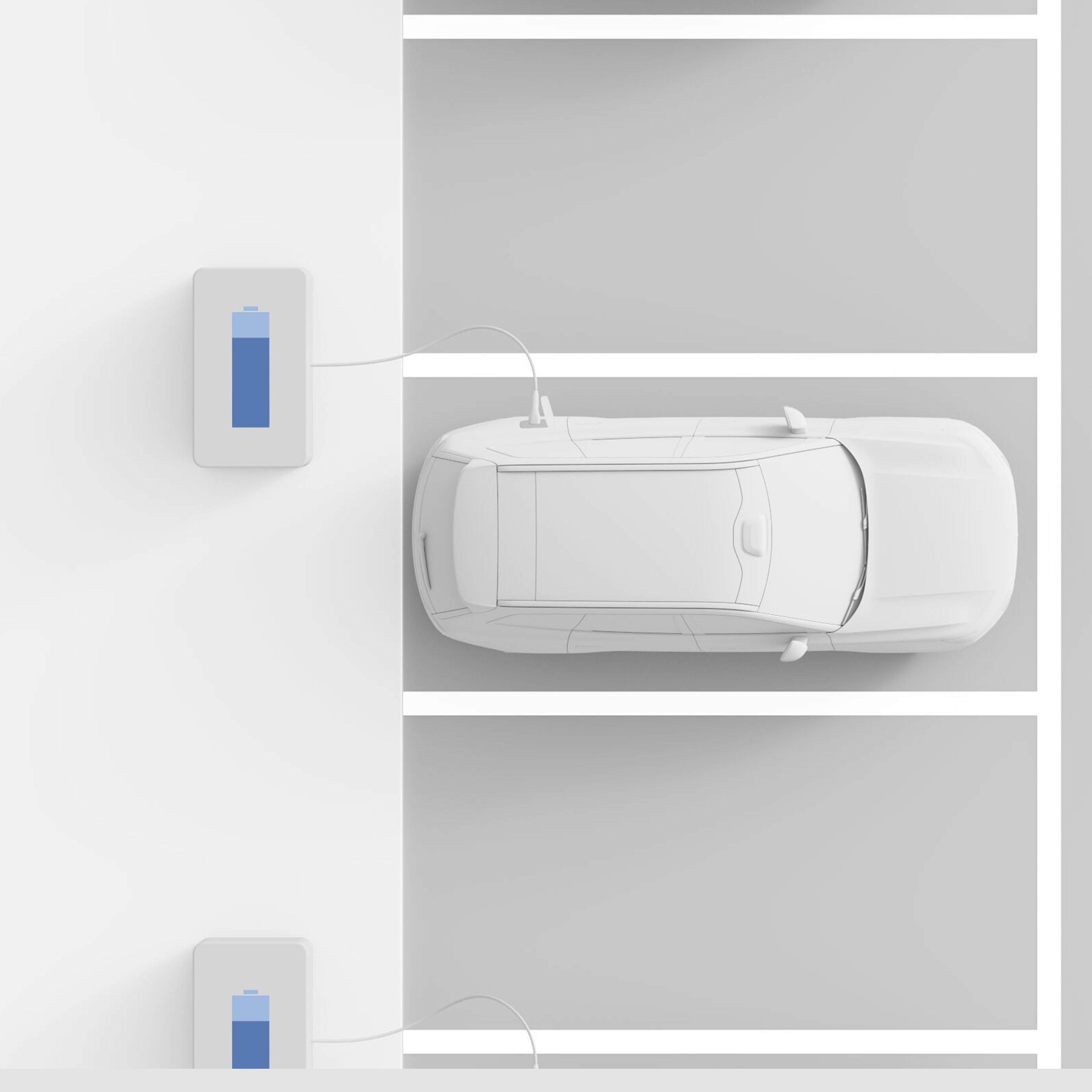 Ovenfra og ned av Volvoer parkert og koblet til en ladestasjon, som illustrerer Plug & charge-funksjonen.
