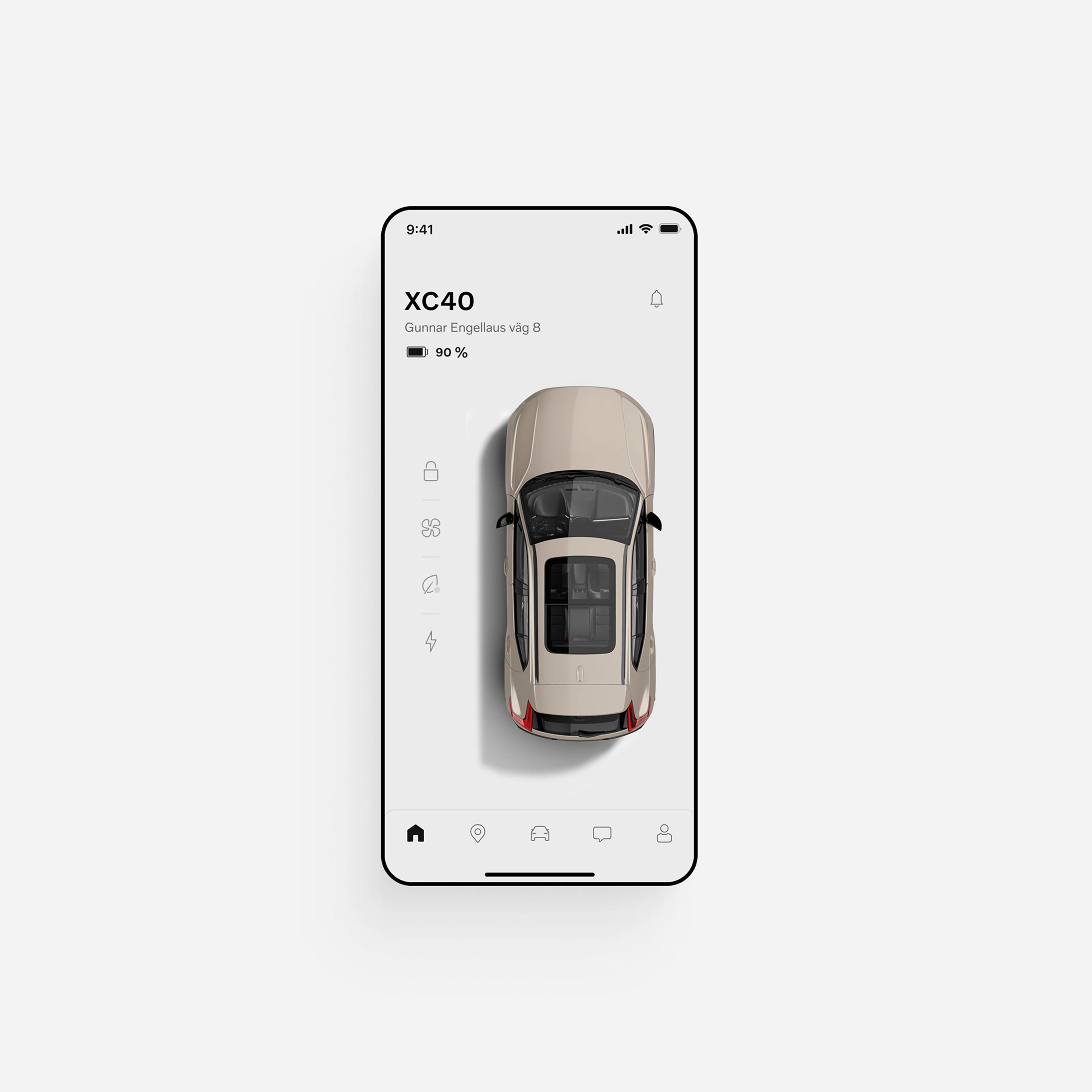 Illustration of a mobile phone screen displaying the Volvo XC40 app.