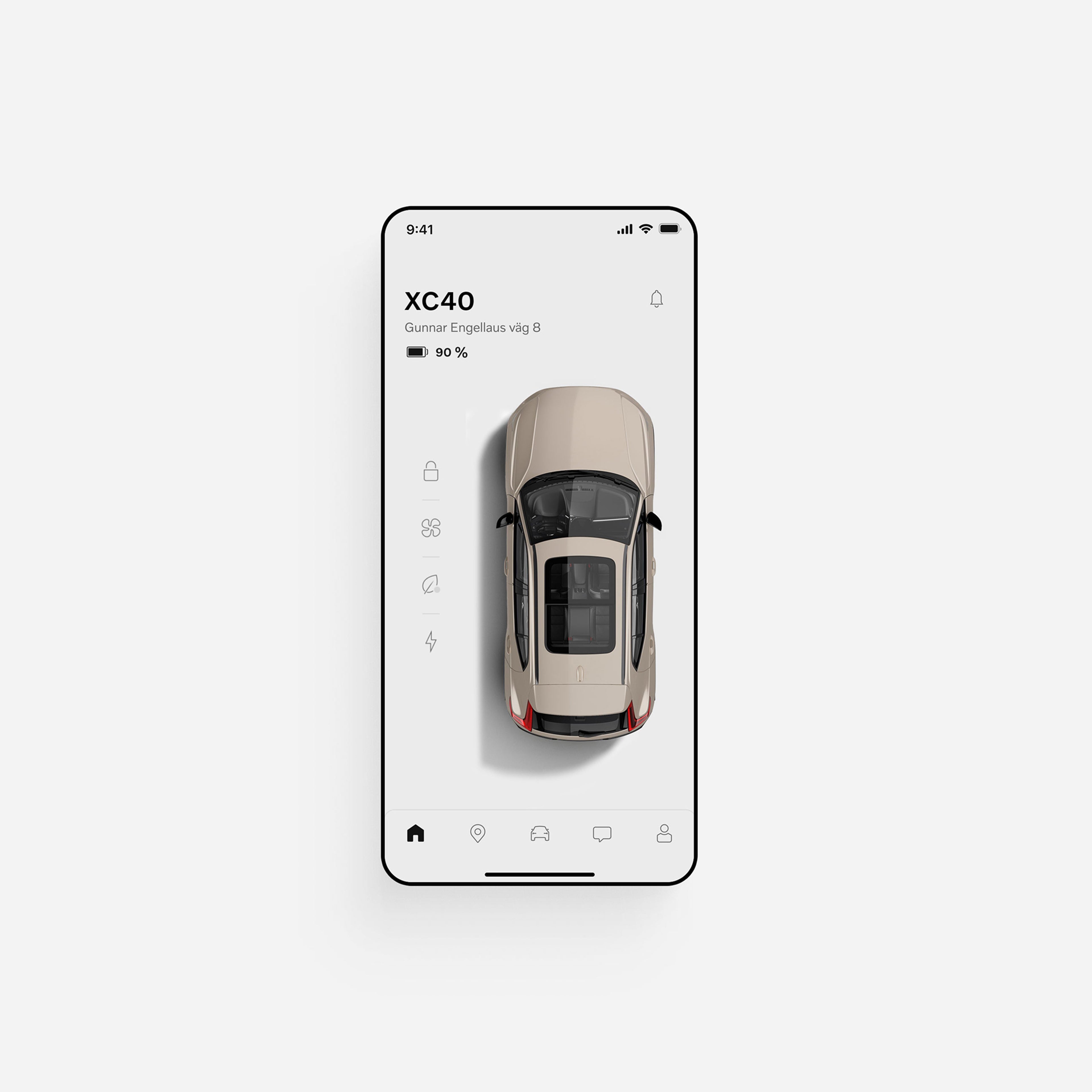 Ilustracja przedstawiająca ekran telefonu komórkowego z wyświetloną aplikacją Volvo XC40.