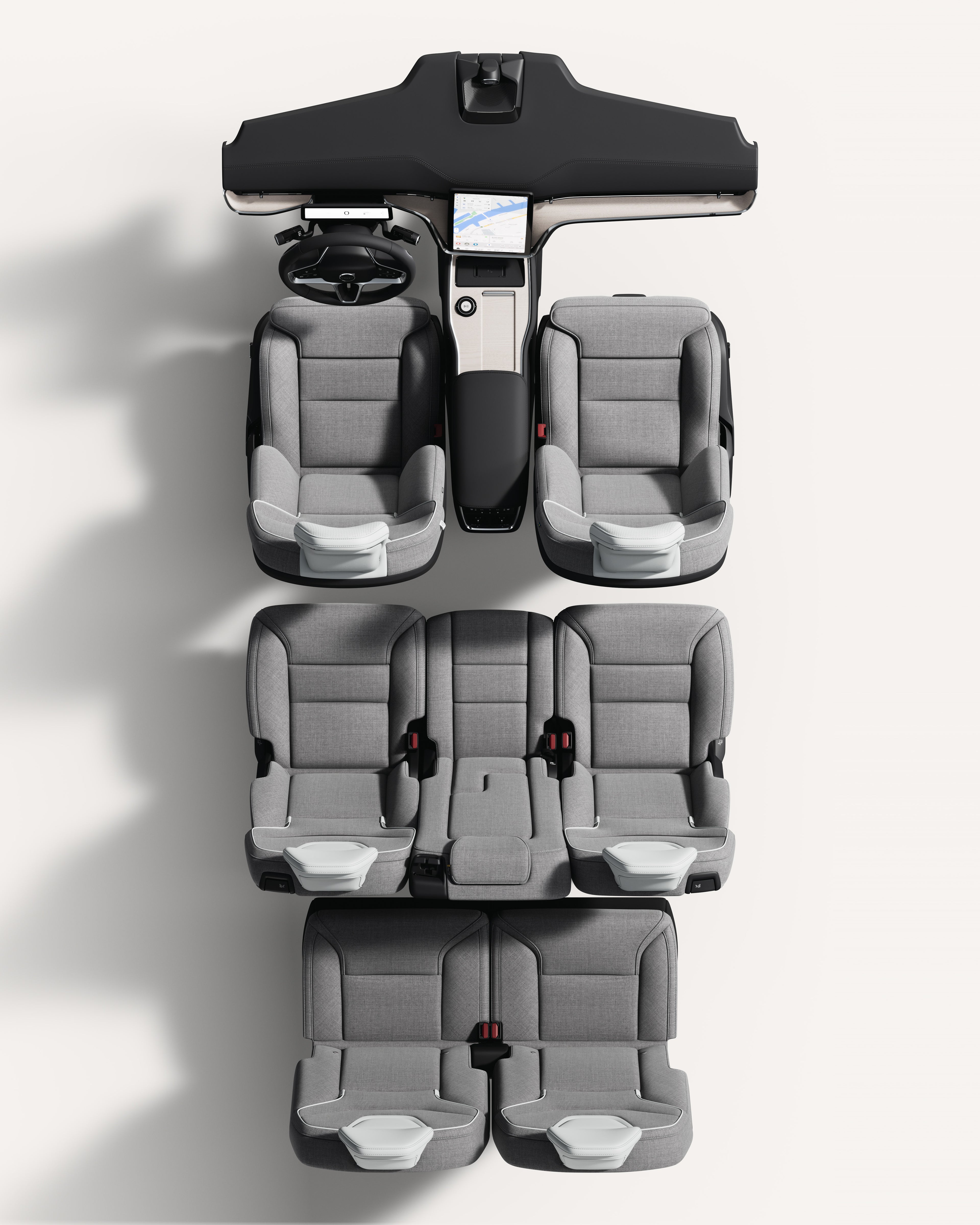 Vy uppifrån och ned av Volvo EX90 med säten och mittkonsol.