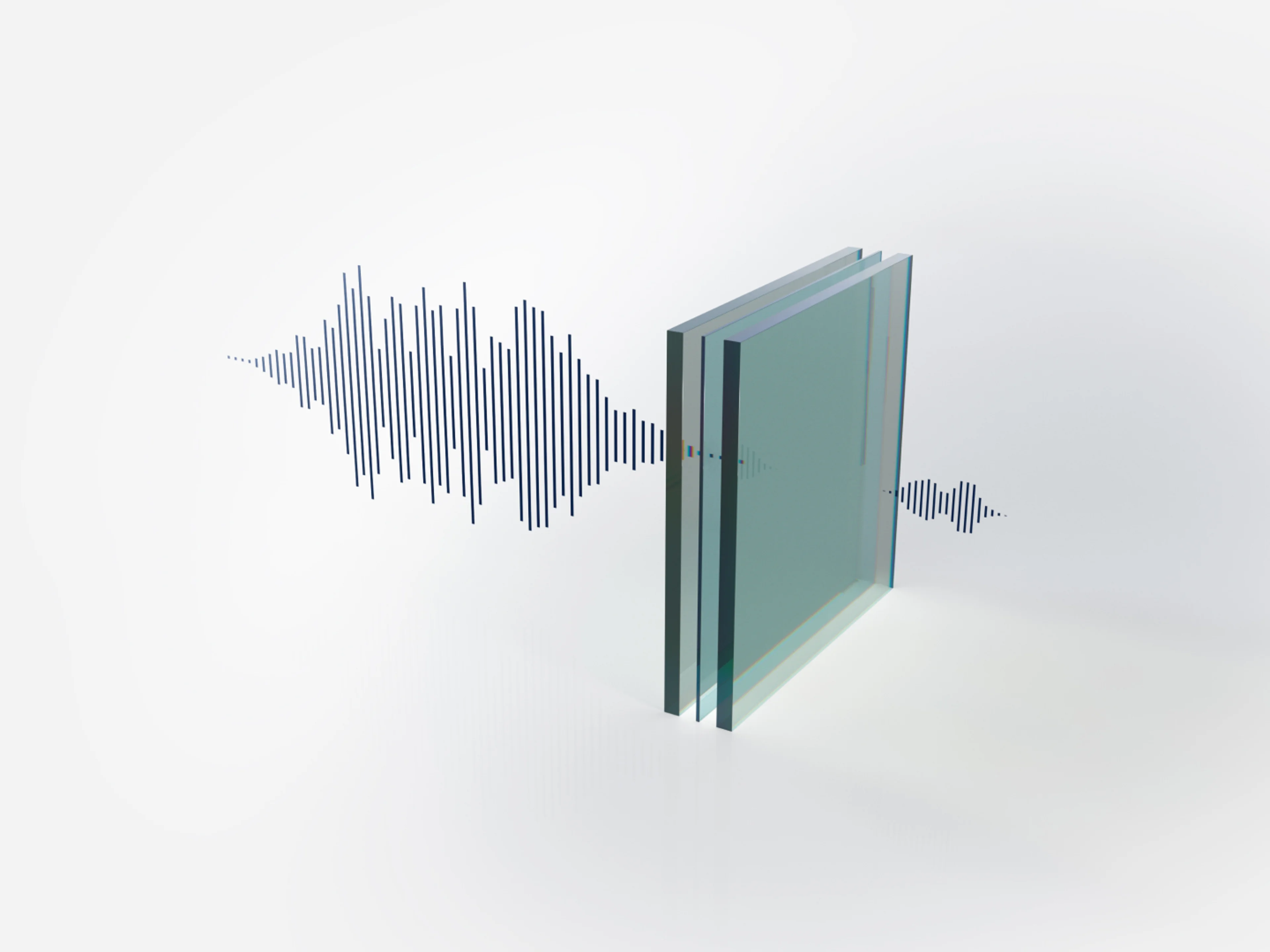 Illustration showing how laminated glass used in the Volvo EM90 helps block noise from entering the cabin.
