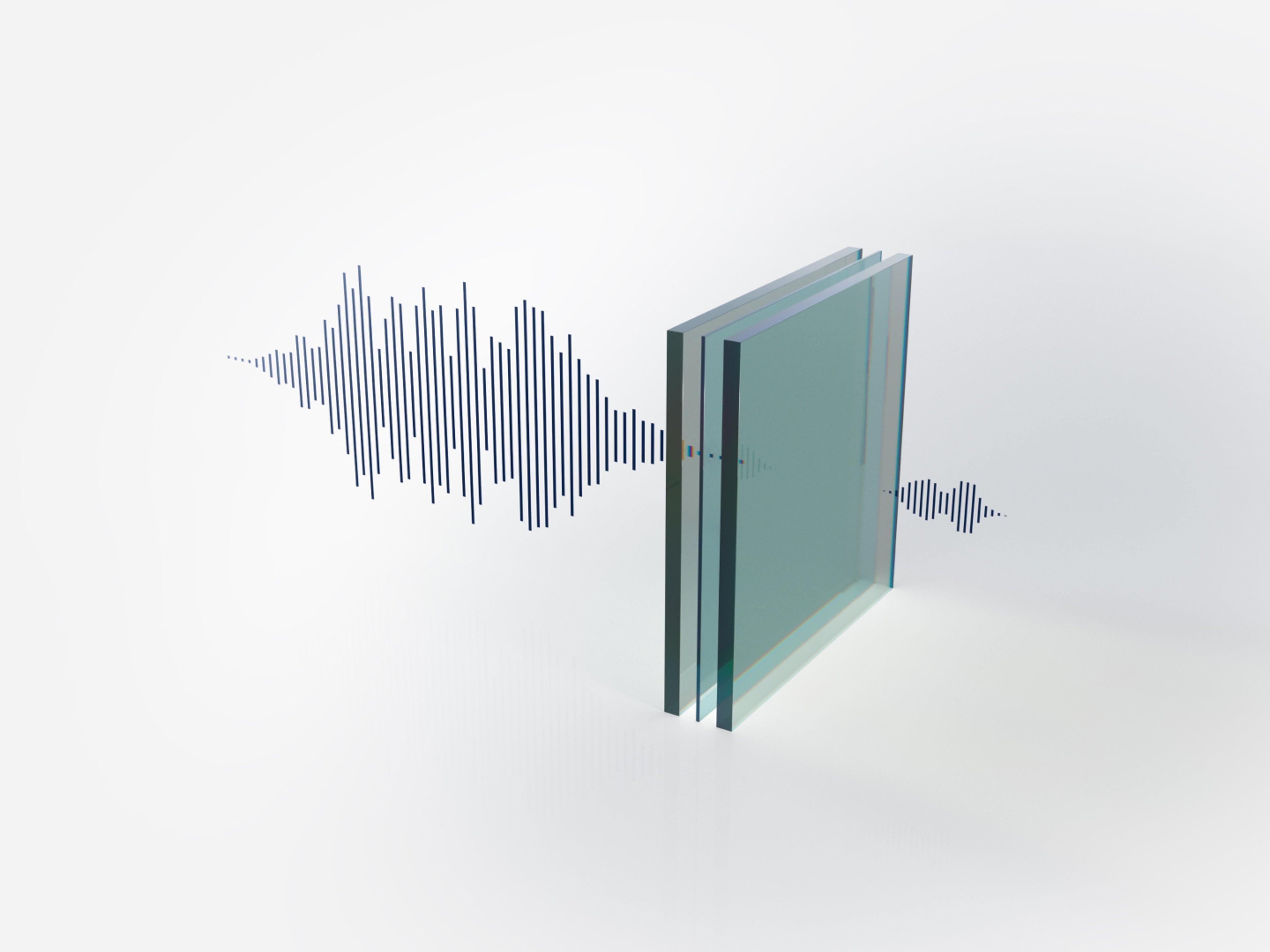 Illustration showing how laminated glass used in the Volvo EM90 helps block noise from entering the cabin.