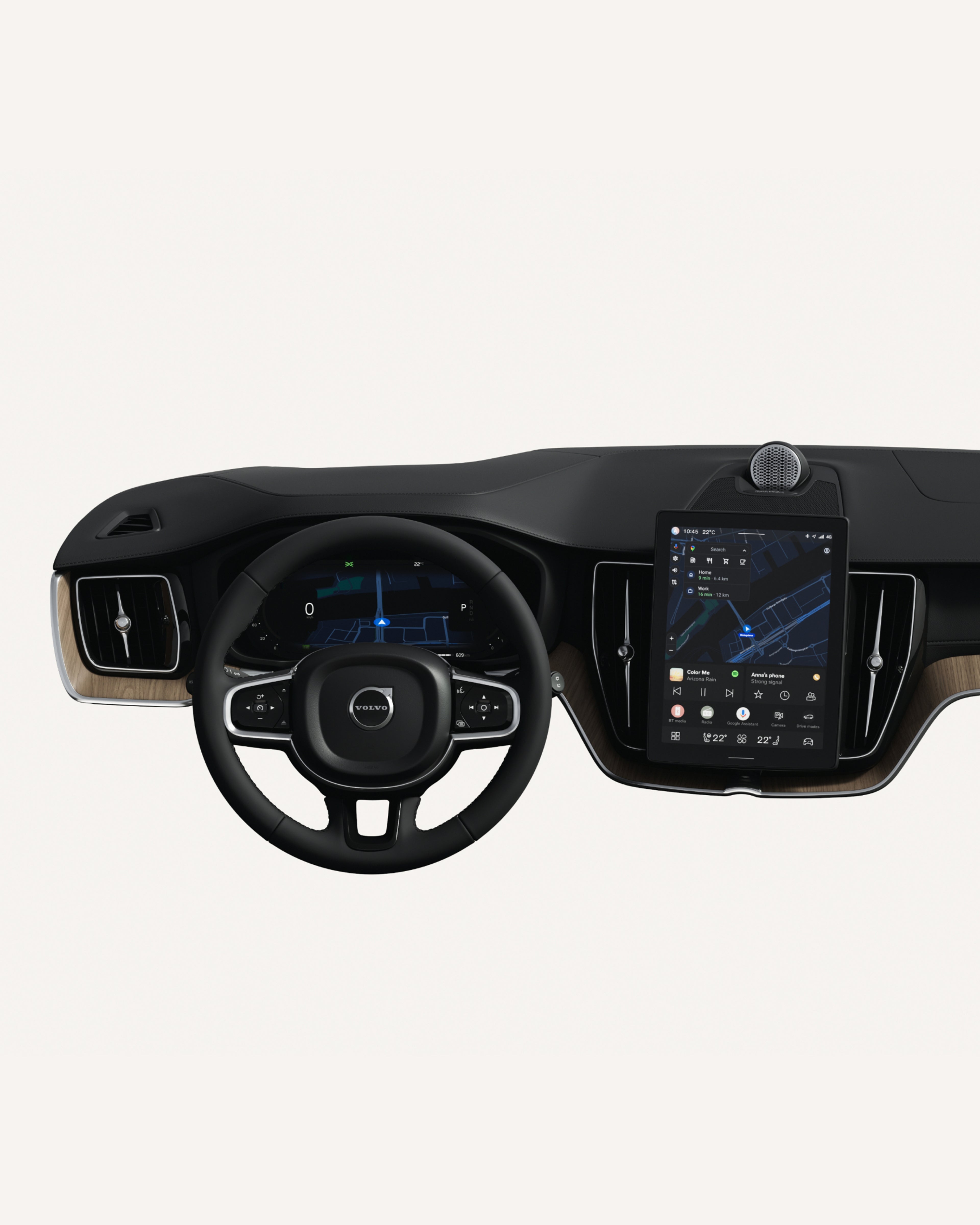 Top-down view of the Volvo XC60 dashboard, including steering wheel and touchscreen centre display.