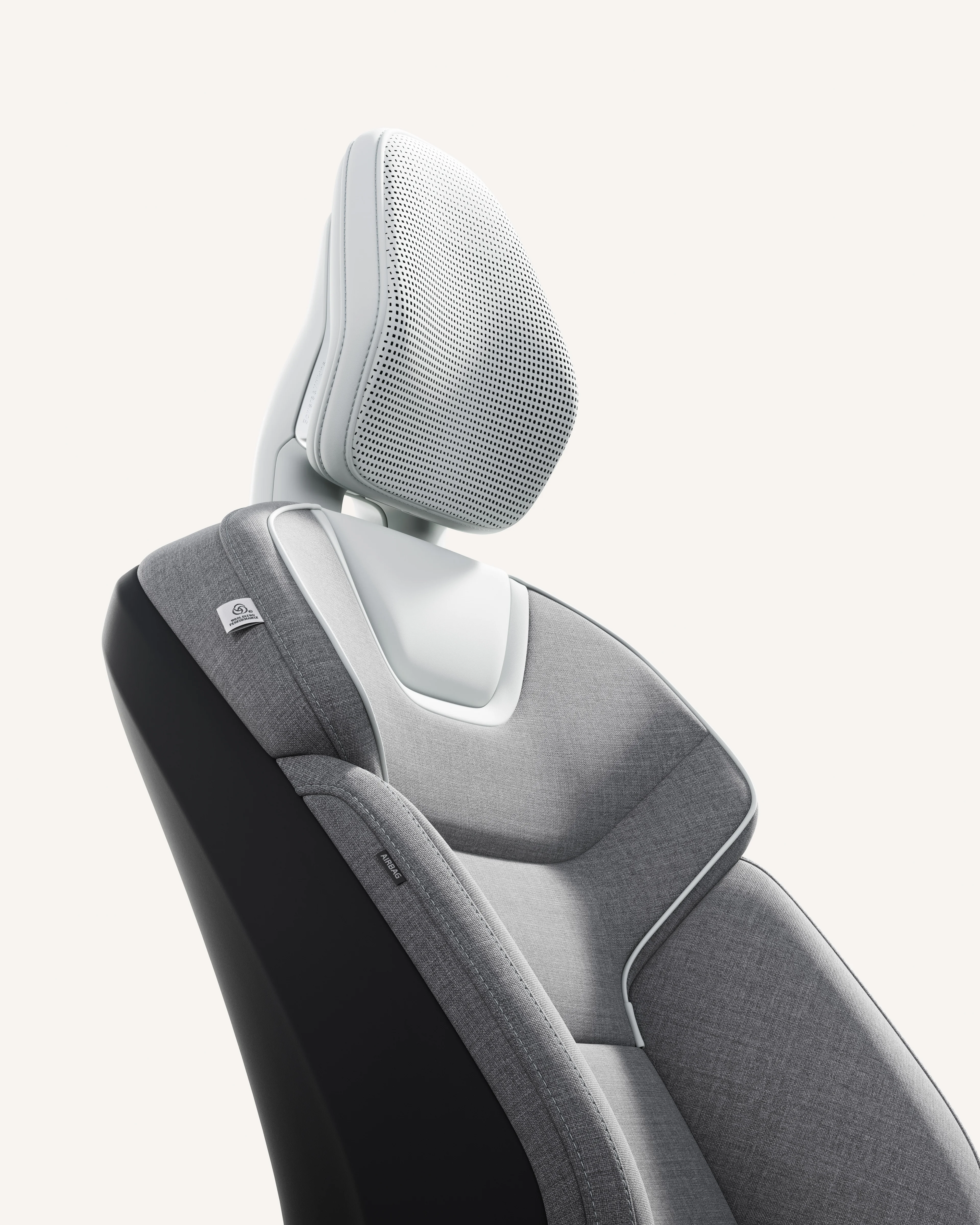 Närbild av klädseln i framsätet på Volvo EX90.