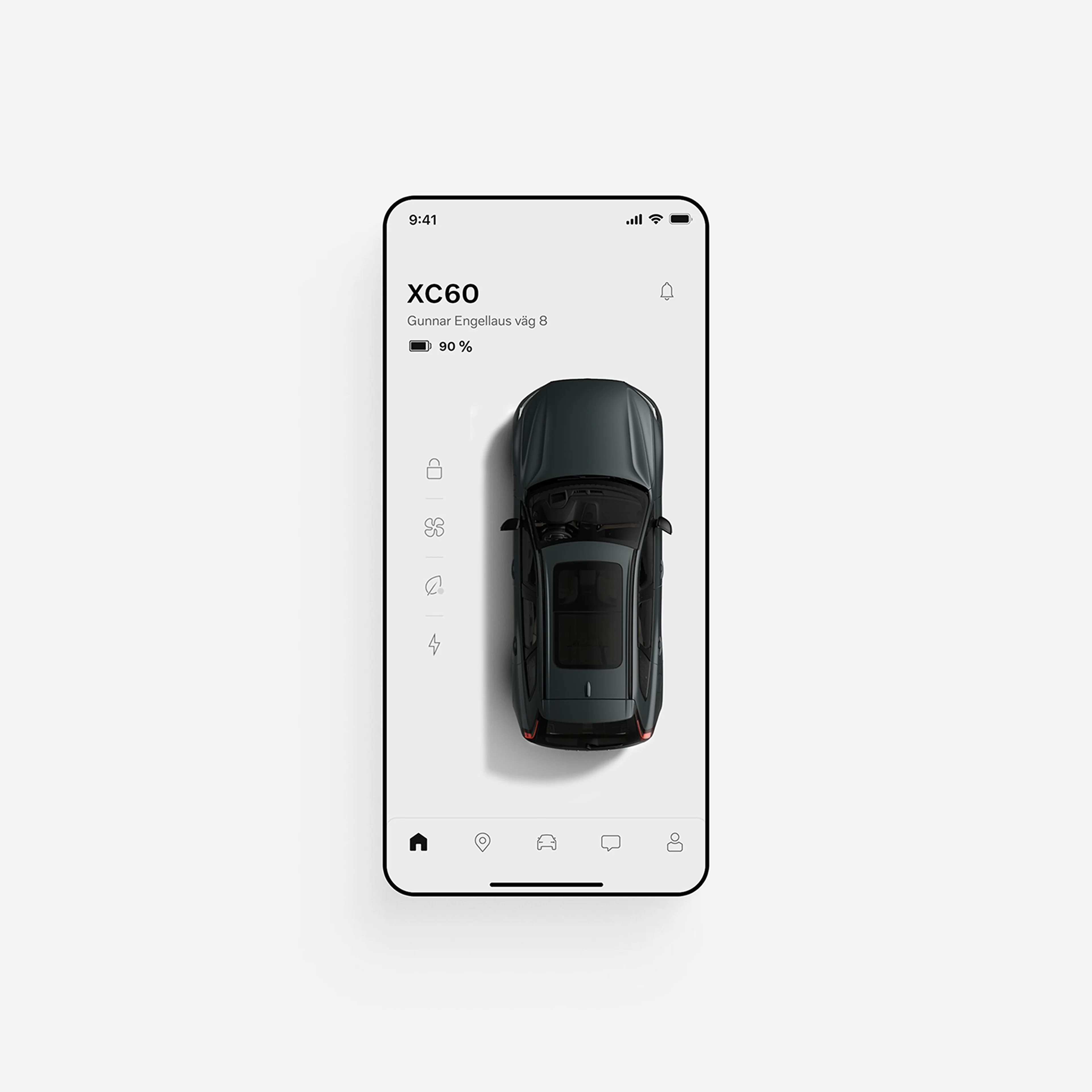 Imagine frontală a unui smartphone care afișează Volvo Cars app.