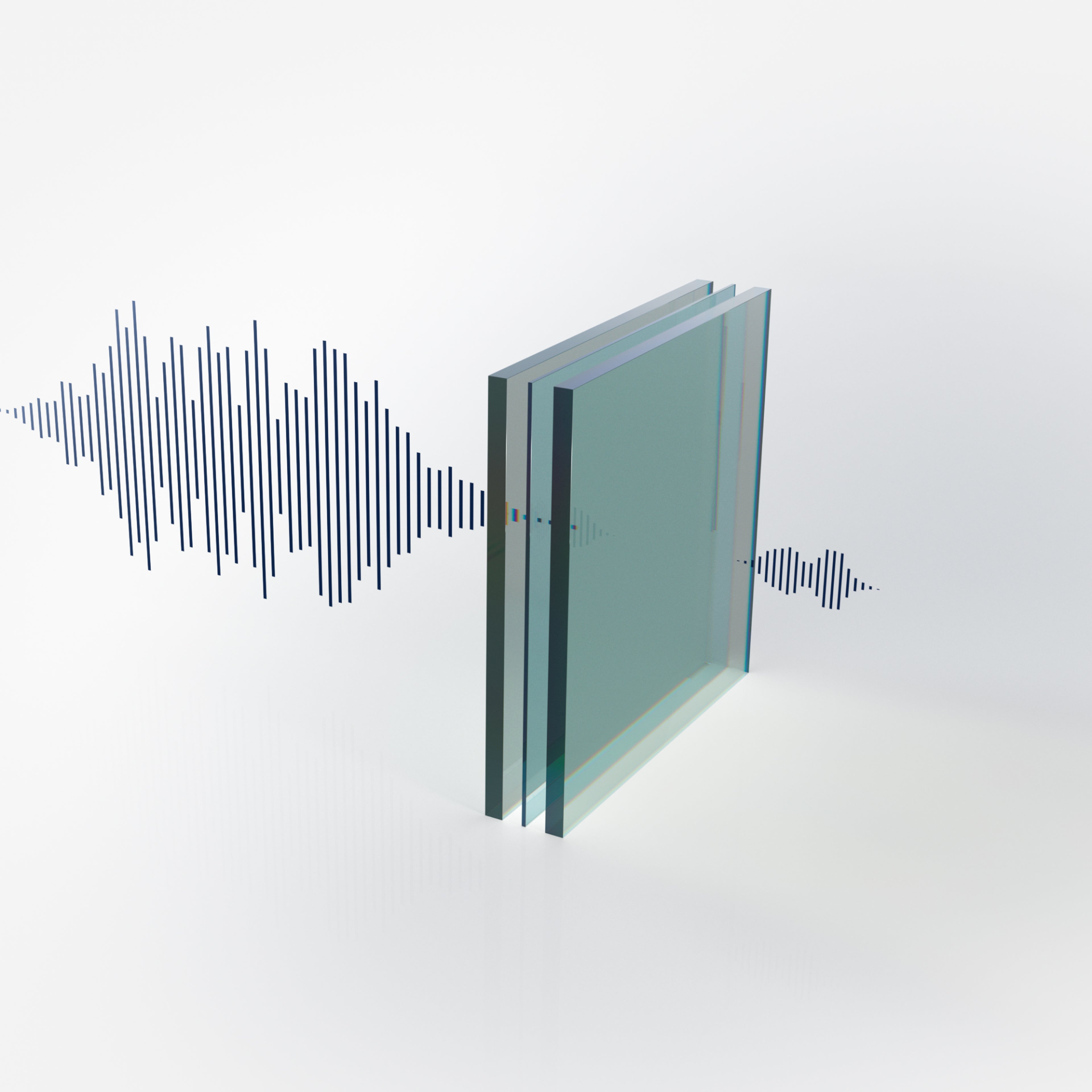 Illustratie van de gelaagde ruiten van de Volvo ES90 die geluidsgolven verminderen en zo stil zijn in het interieur.