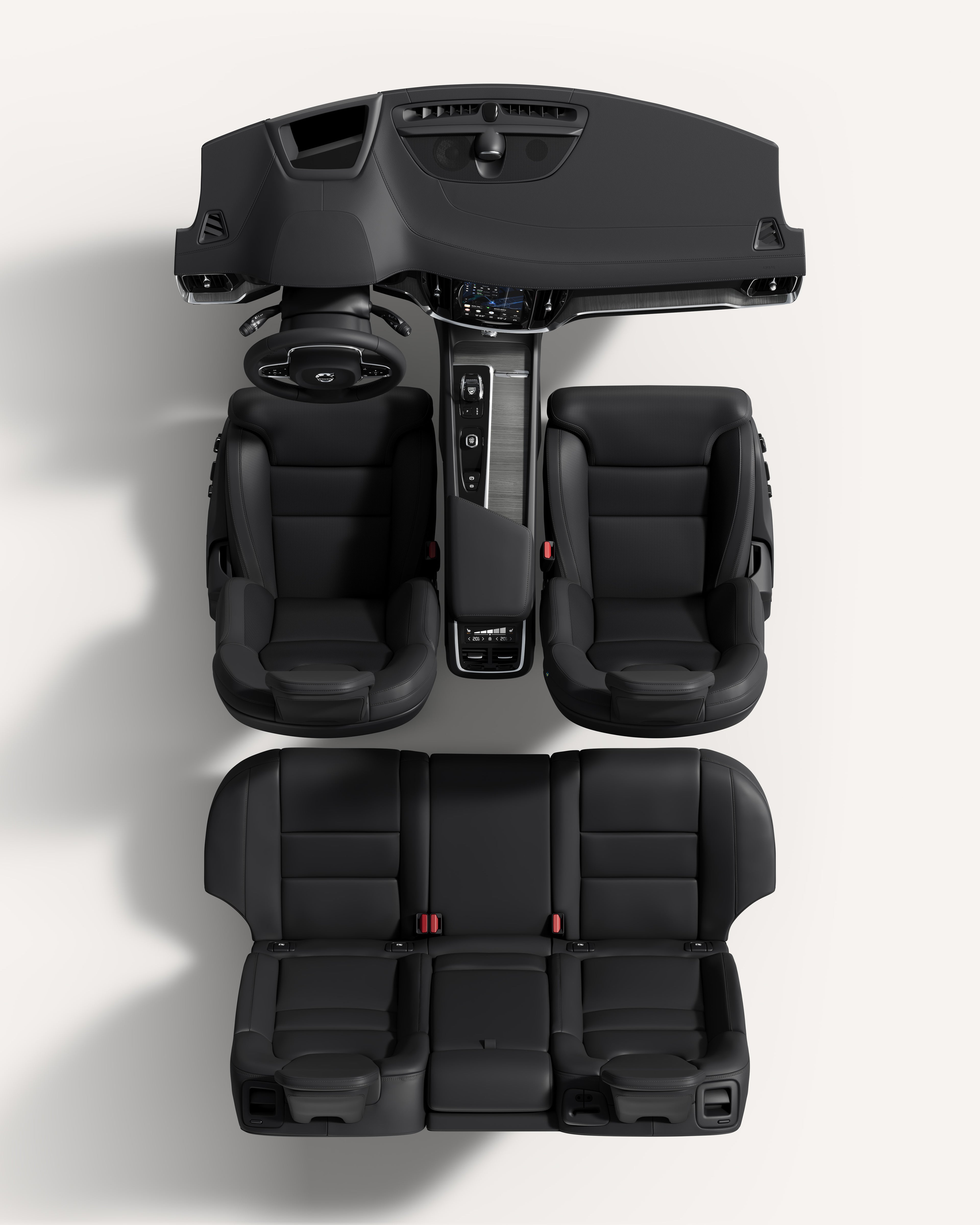 シートとトンネルコンソールを含む Volvo V60 のインテリアを見下ろした画像。