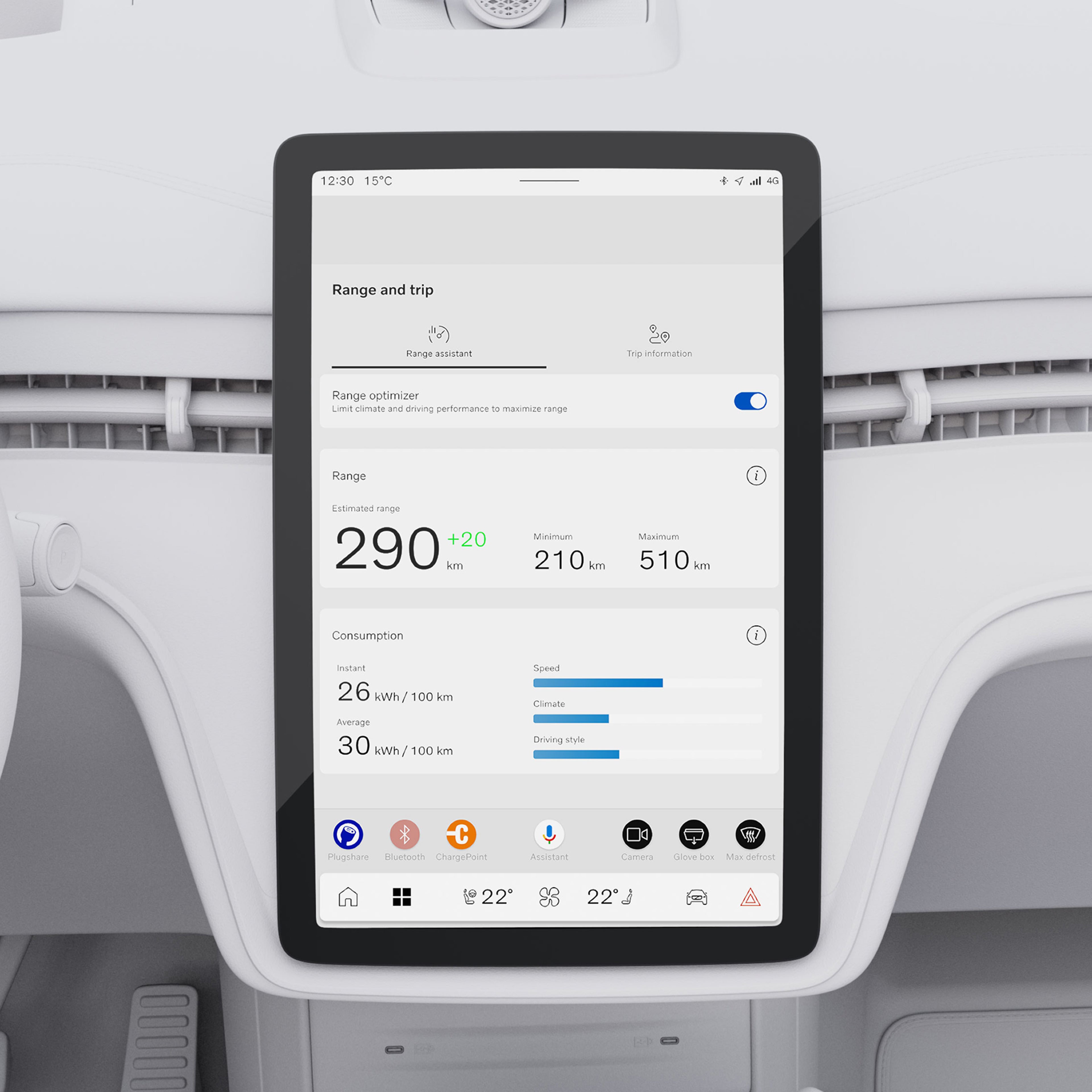 Close-up of the Volvo EX90's centre display showing range screen