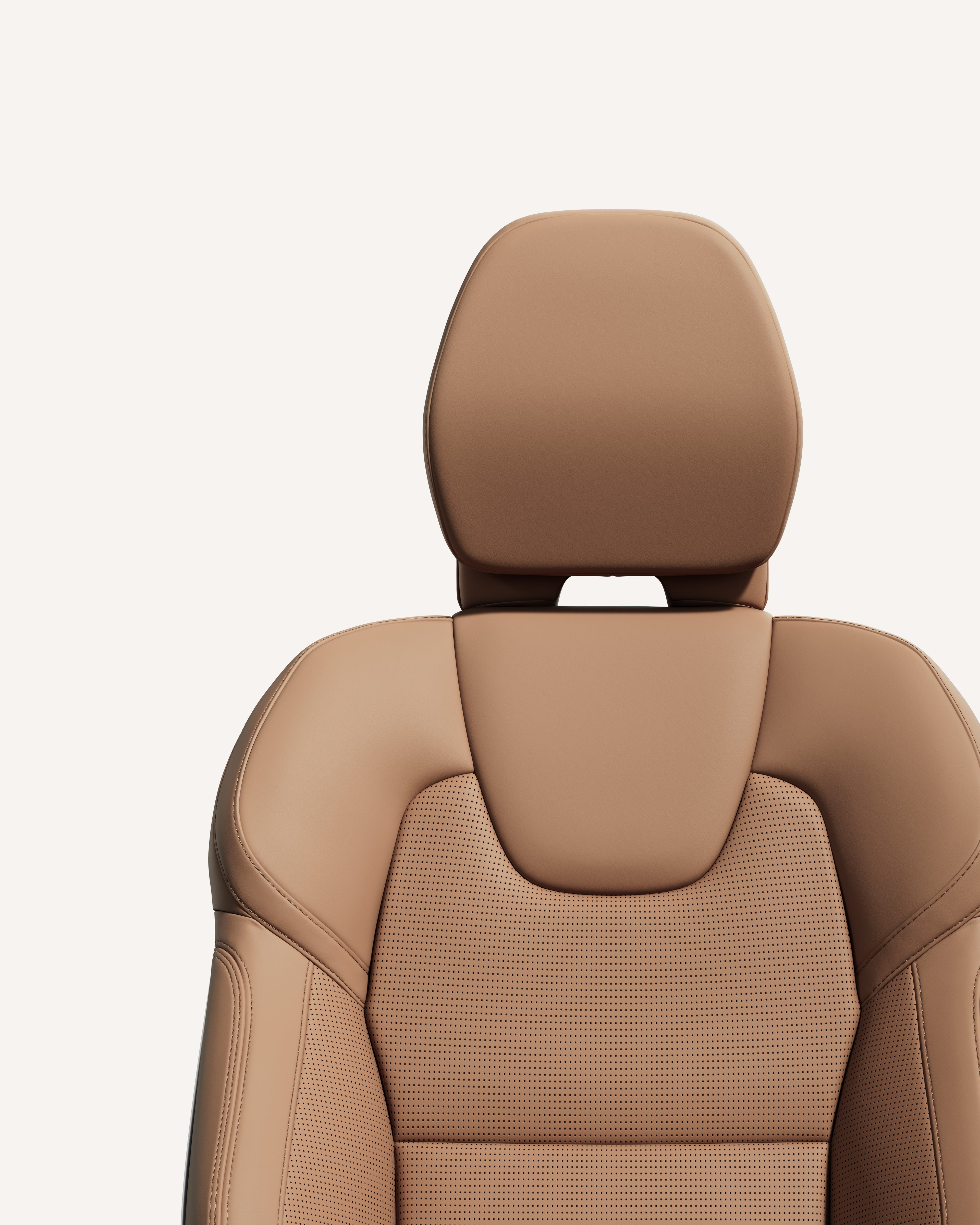 Volvo V60のアンバーカラーのフロントシートのクローズアップ。