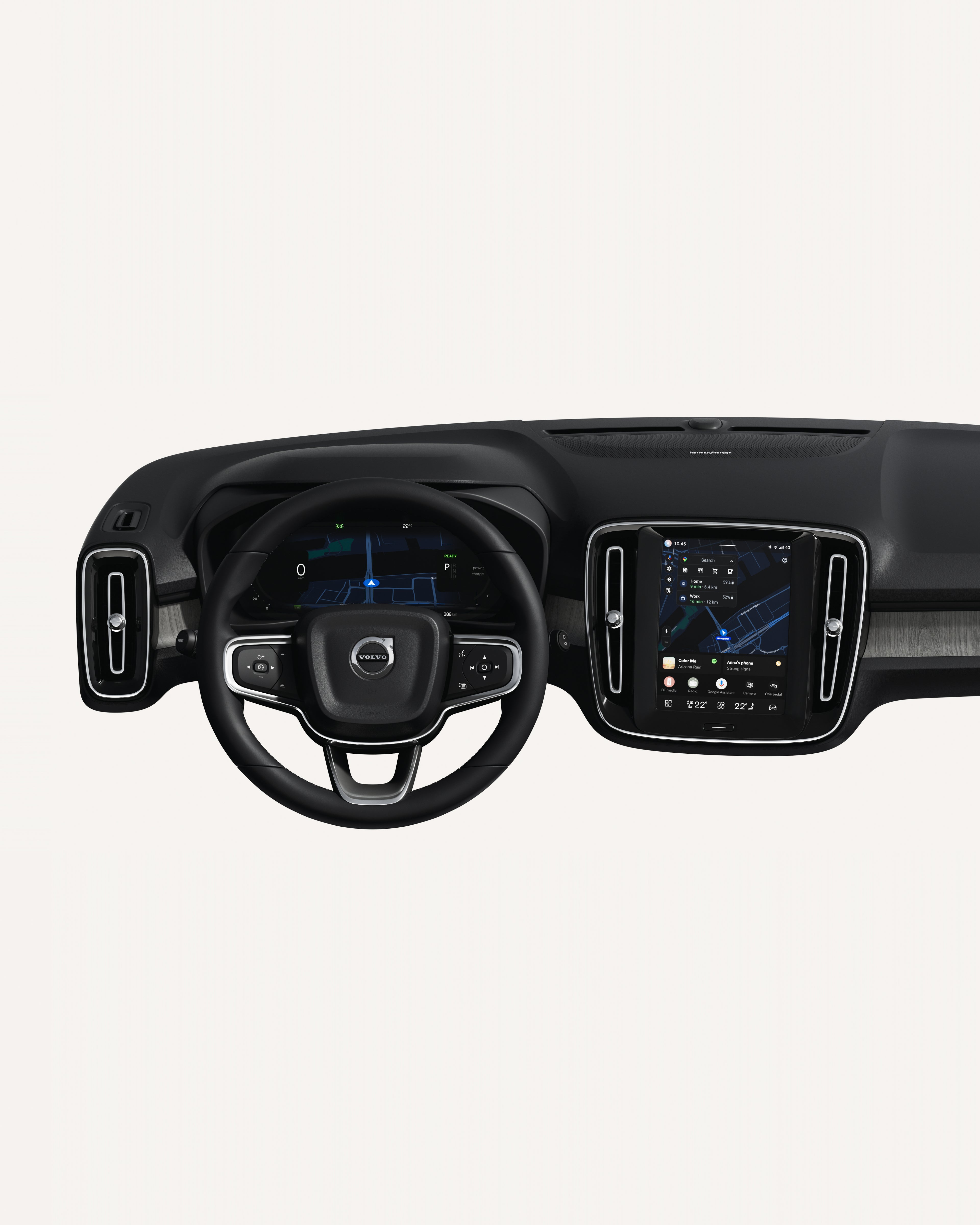 Indvendigt billede af instrumentbrættet i Volvo EC40, inklusive rat og touchskærm.