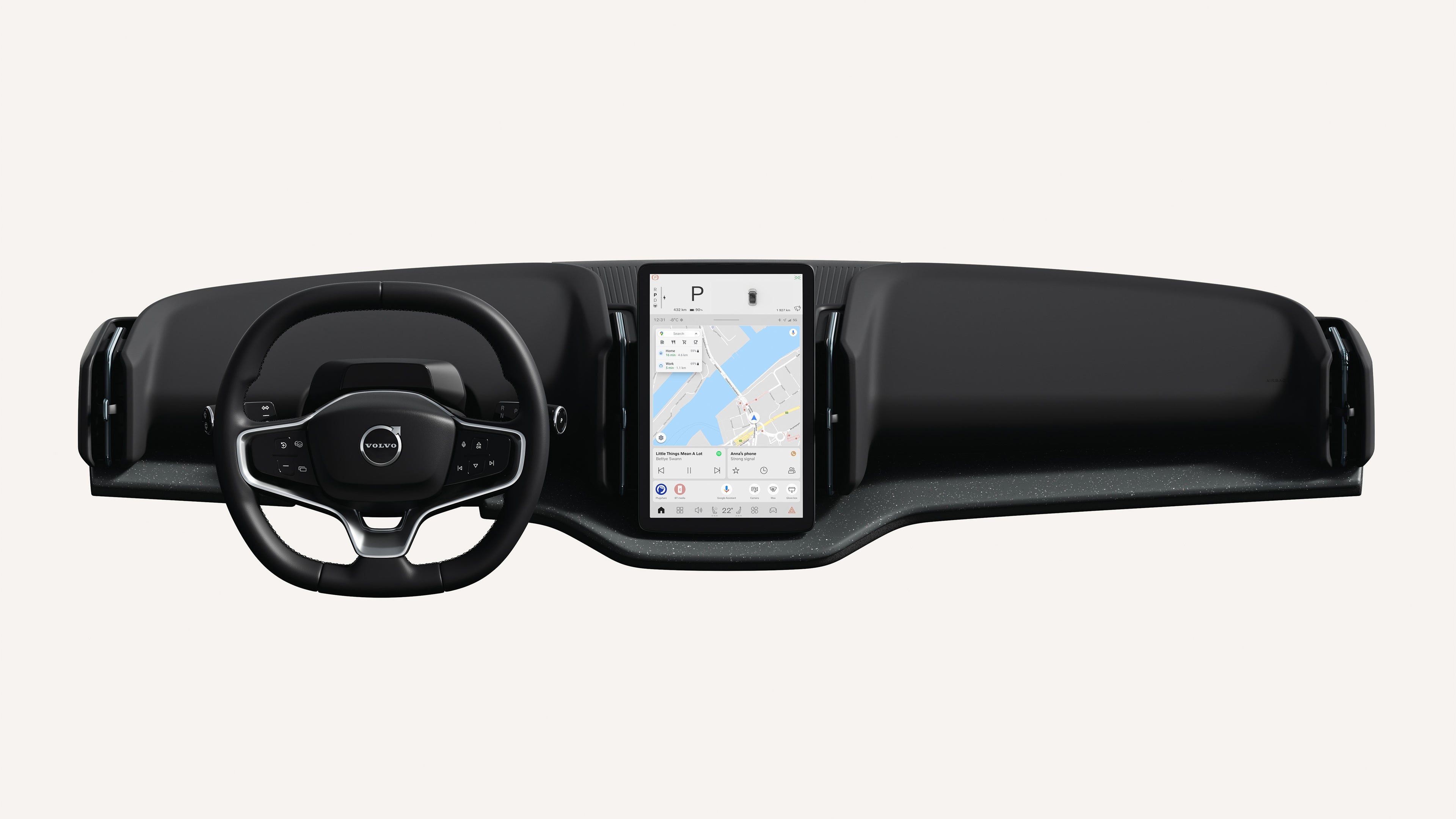 Interior view of the Volvo EX30 dashboard, including steering wheel and touchscreen.