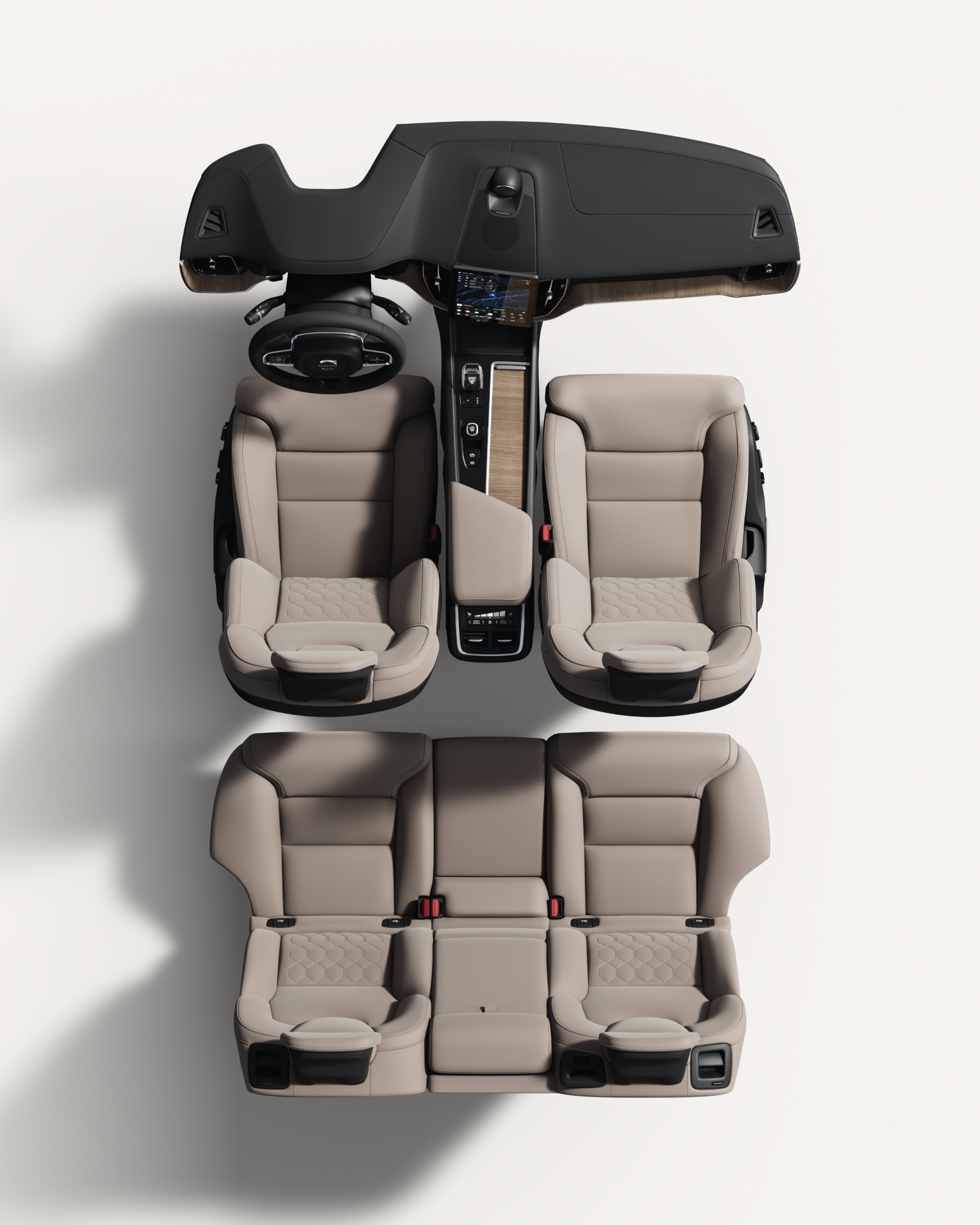 Vista superior del interior del Volvo XC60, mostrando los asientos, el salpicadero y la consola central.