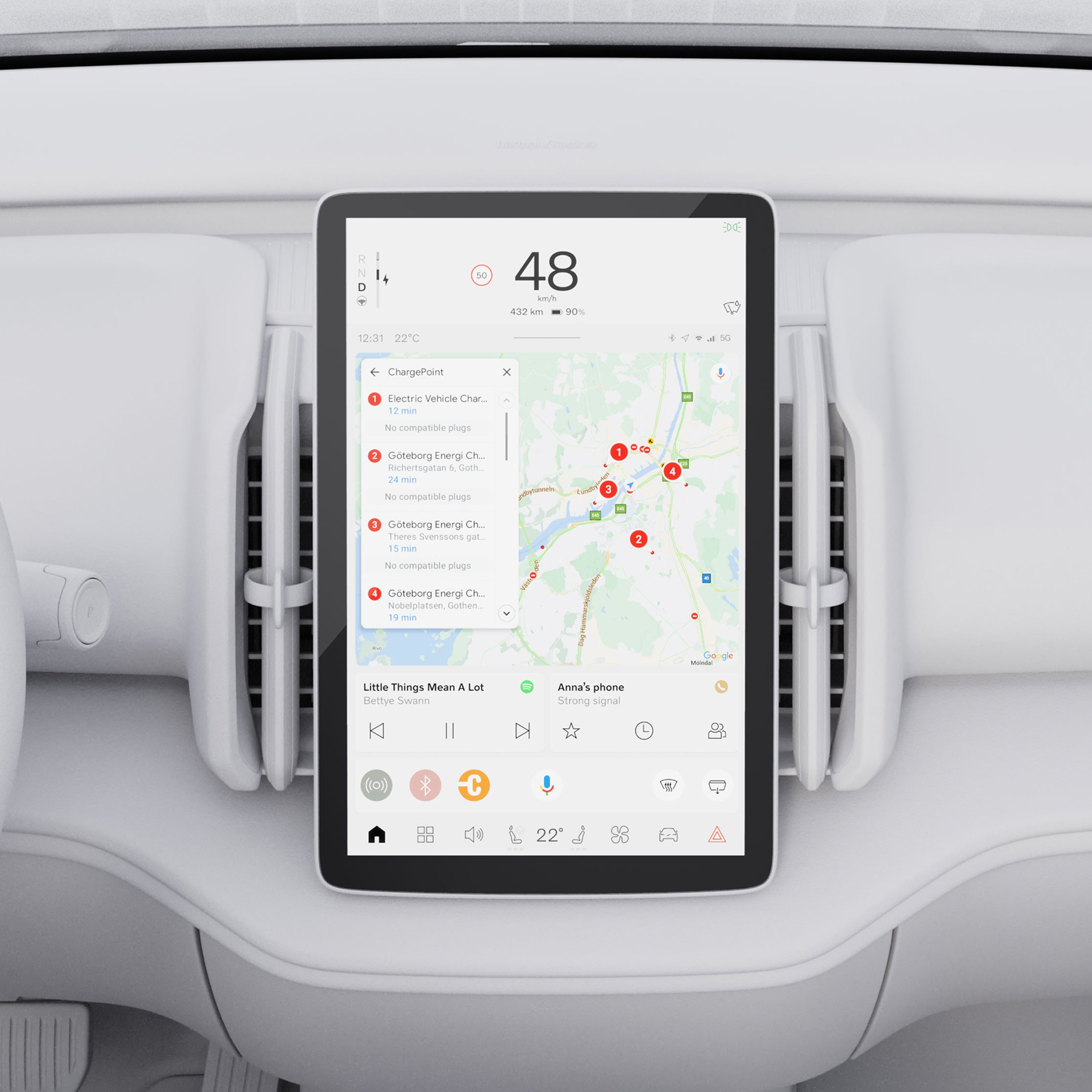 Close-up illustration of the Volvo EX30 center display, highlighting charging stations.