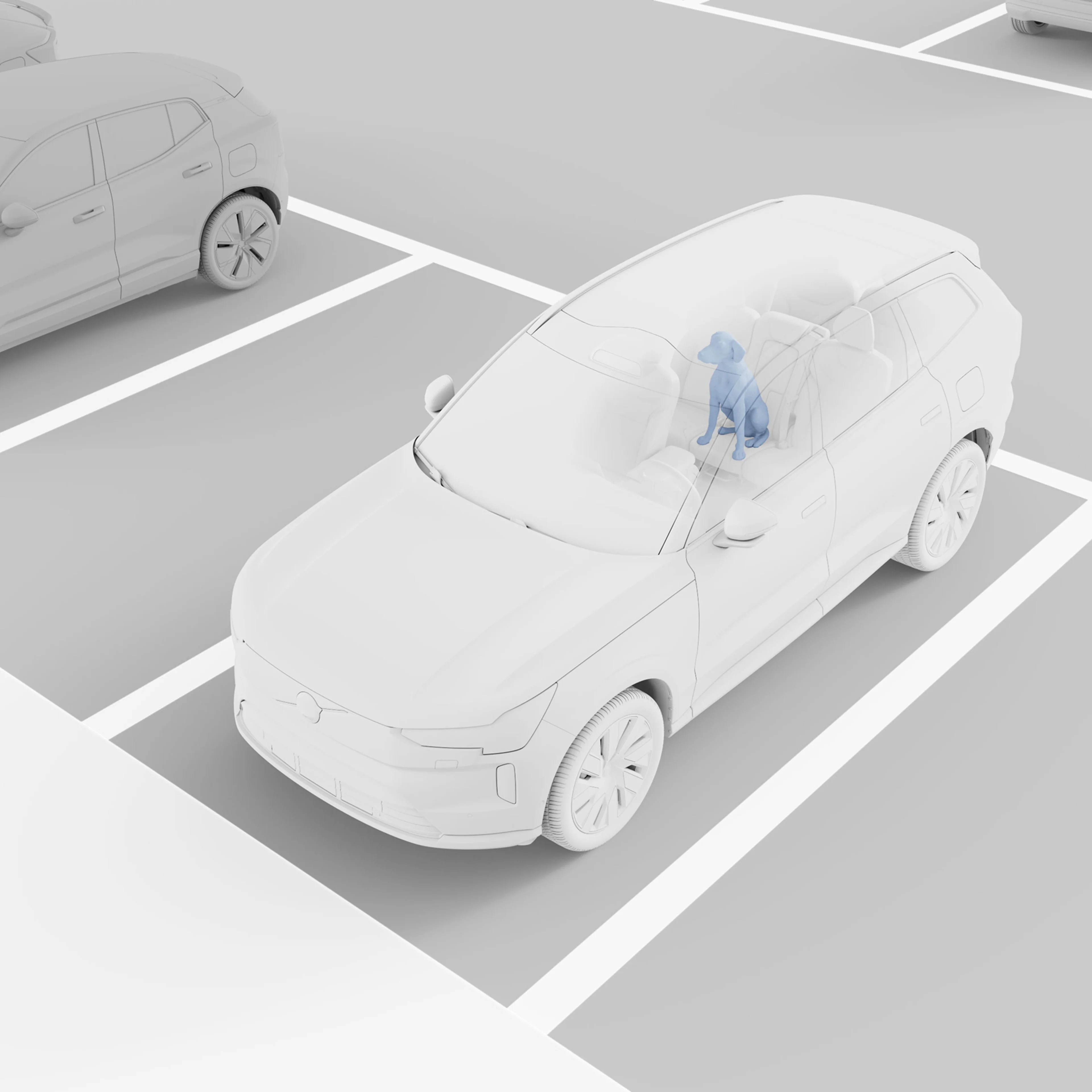 Rendering av Volvo EX90 med en blåmarkerad hundfigur i kupén, som visar systemet för "Occupant Sensing".
