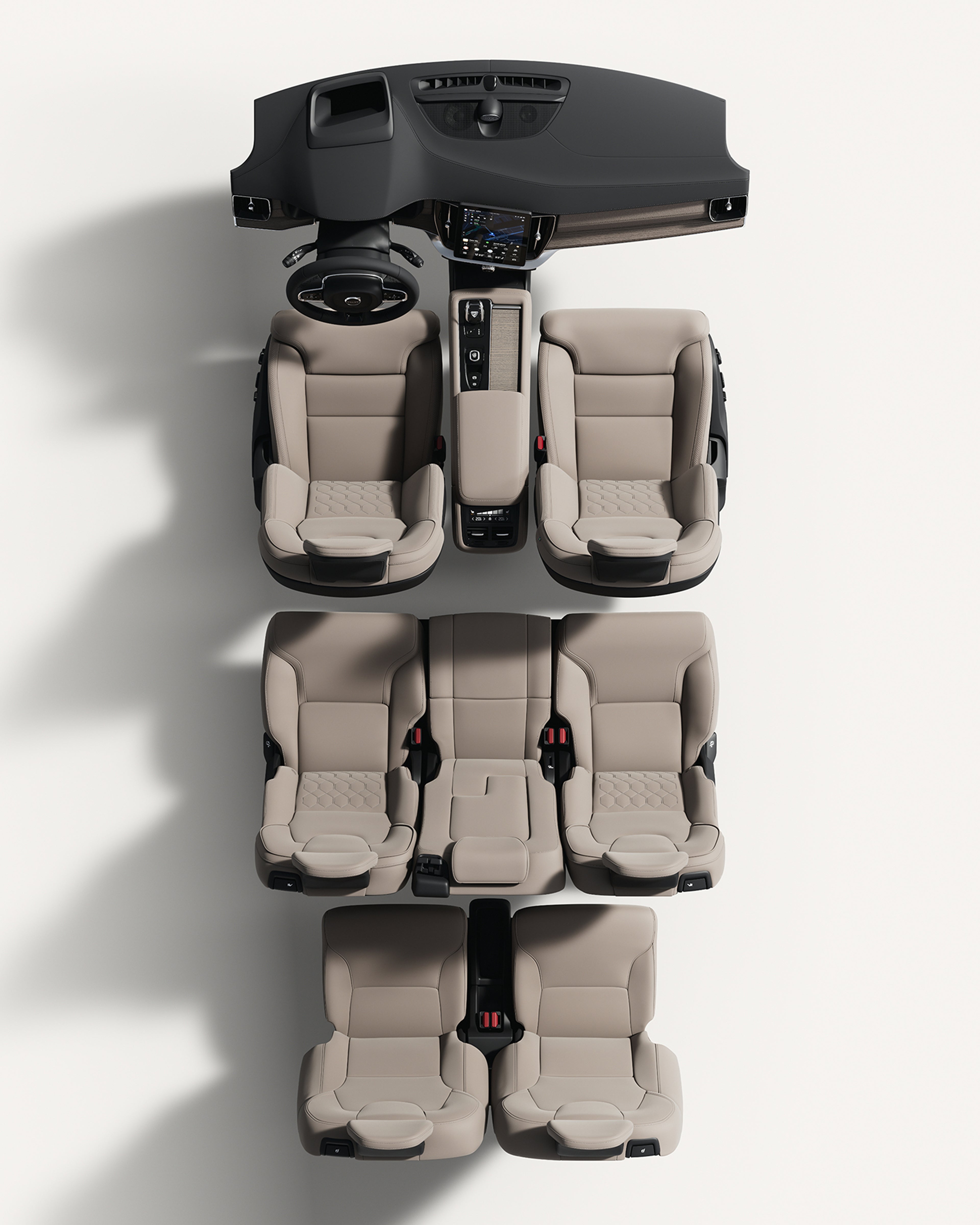 Innenansicht des Volvo XC90 von oben mit Sitzen und Mittelkonsole.