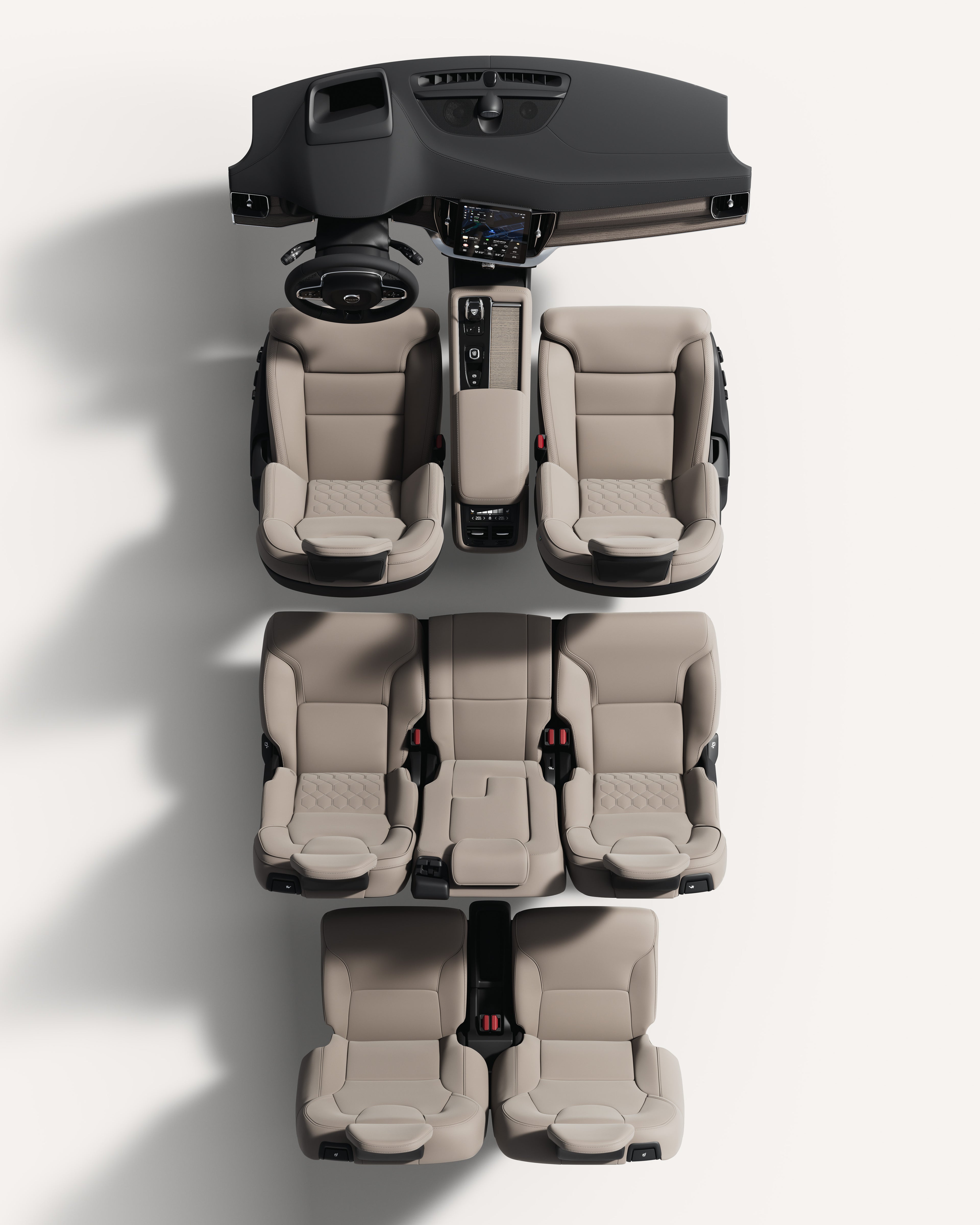 Top-down view of the Volvo XC90 interior, showcasing seats and central console.