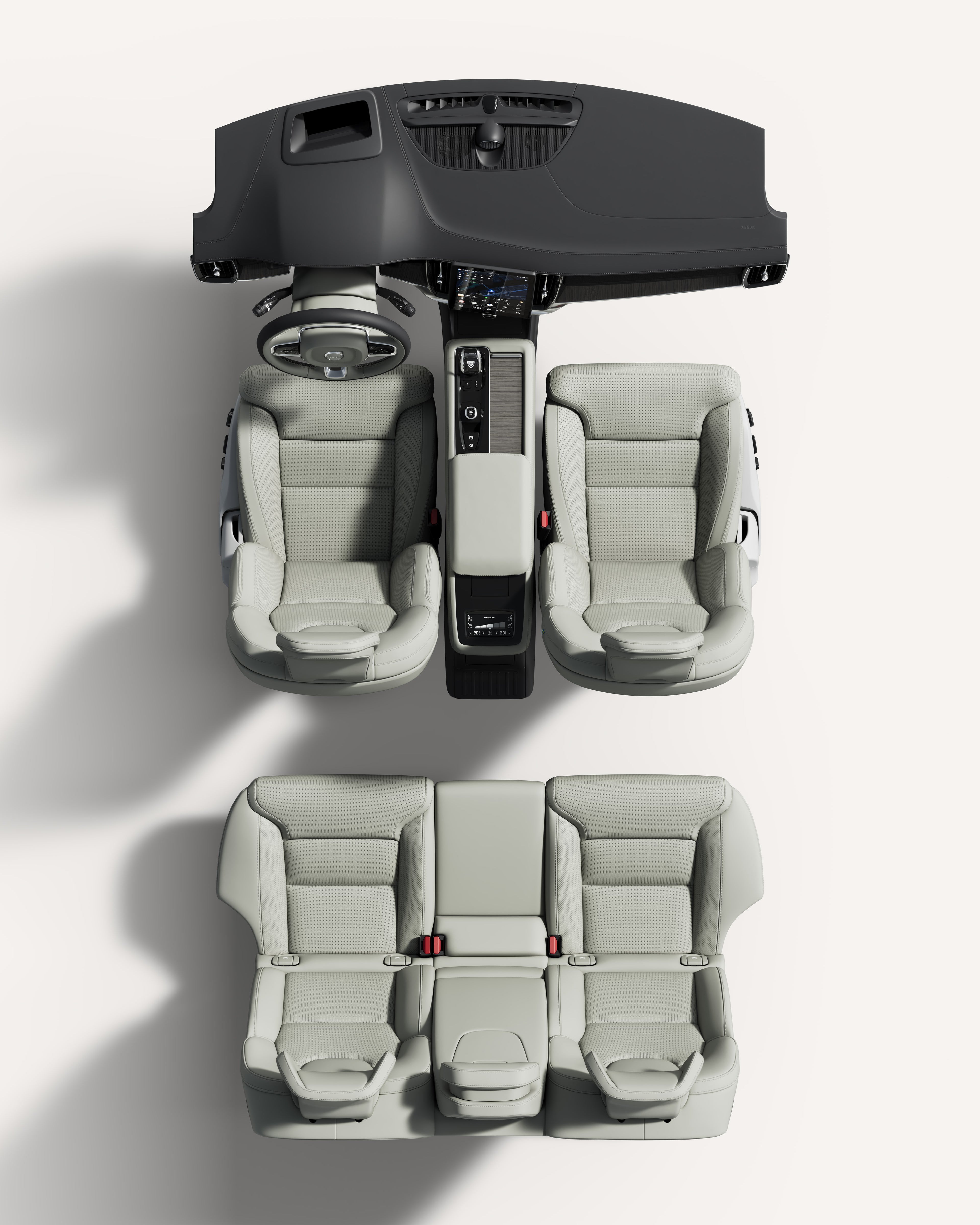 Top-down view of the Volvo S90 interior, showcasing seats and central console.