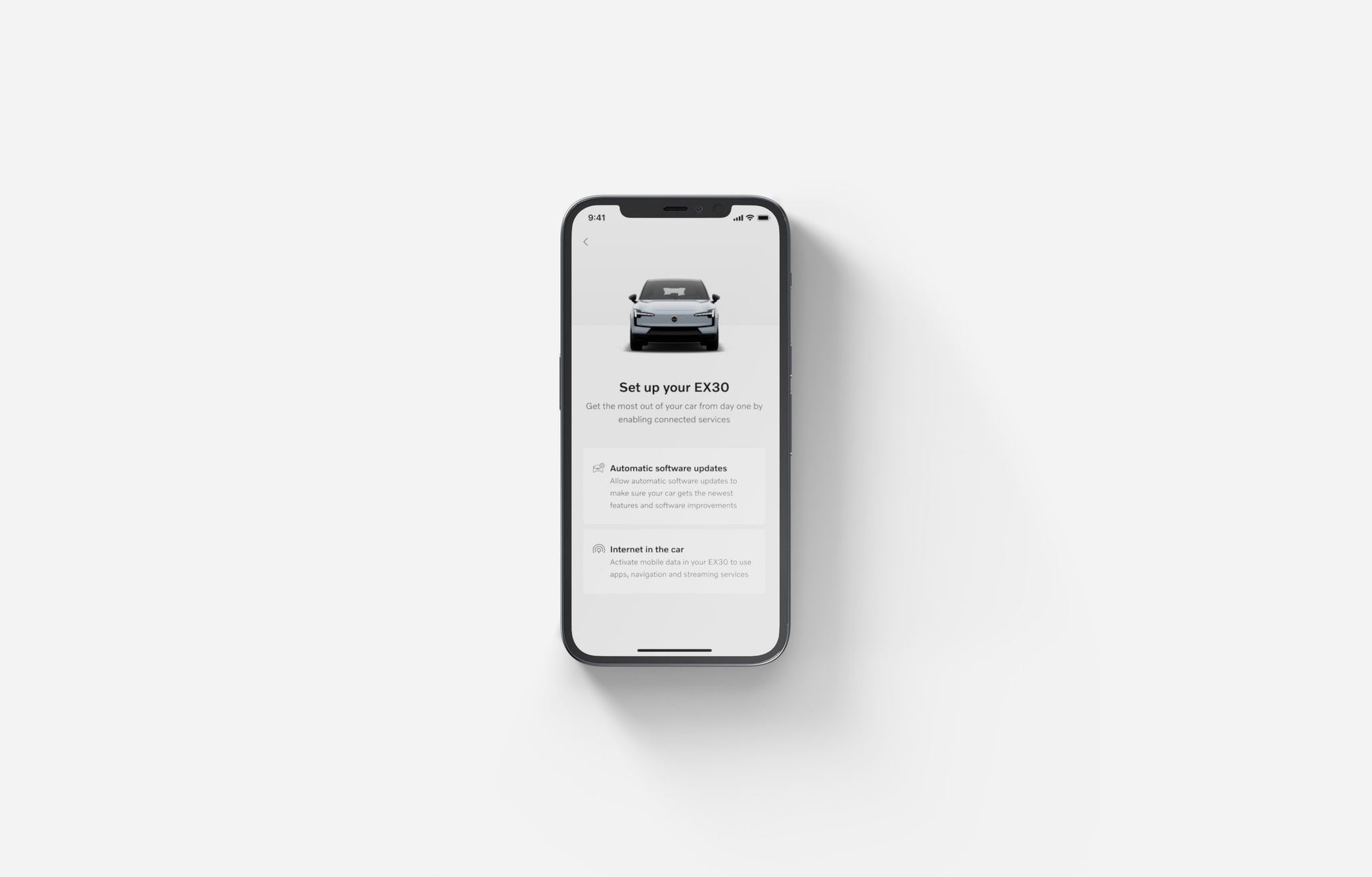 Image of a smartphone with the Volvo EX30 app that gives access to convenient services and functionalities.