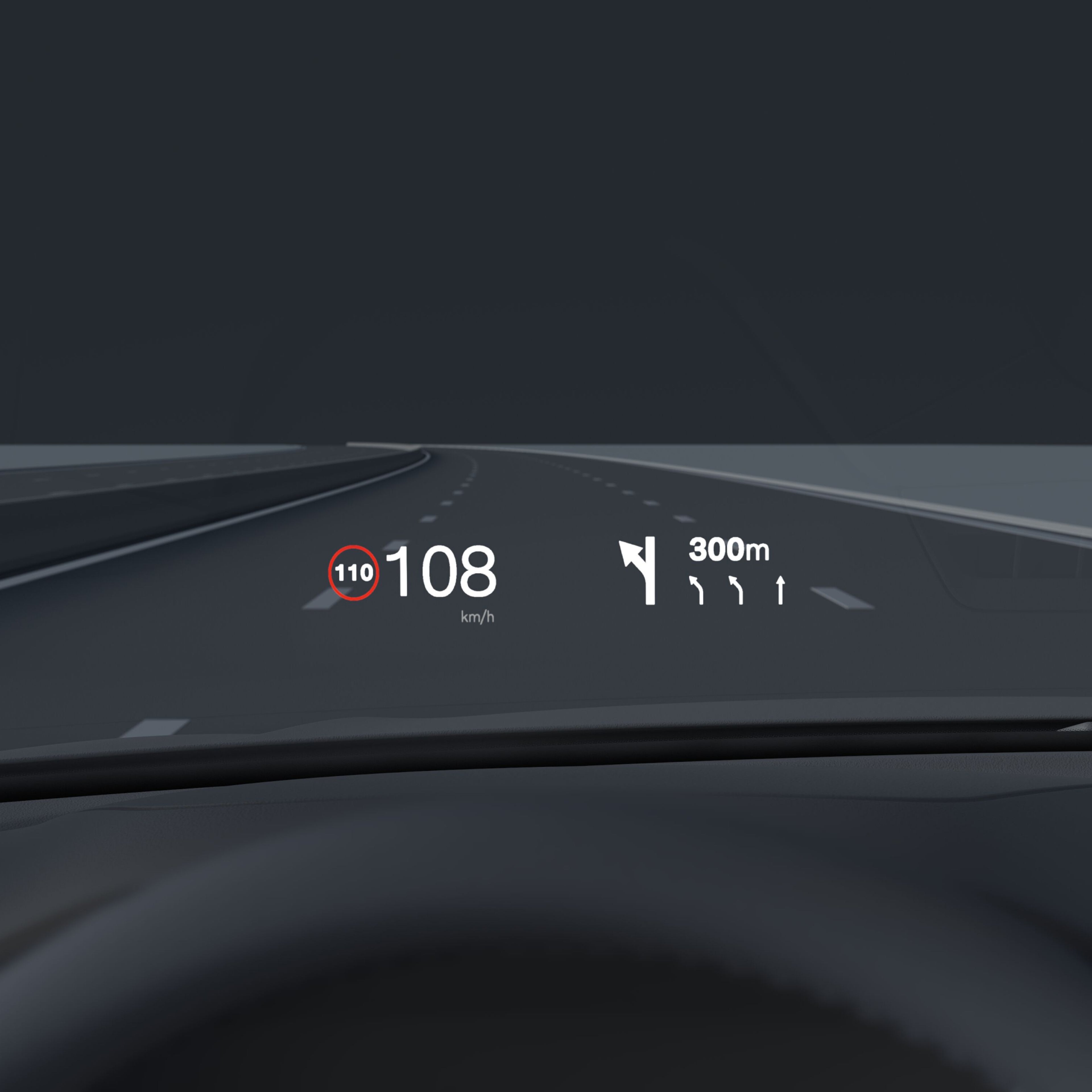 Inside a Volvo, head-up display showing driving speed and navigation on the windshield.