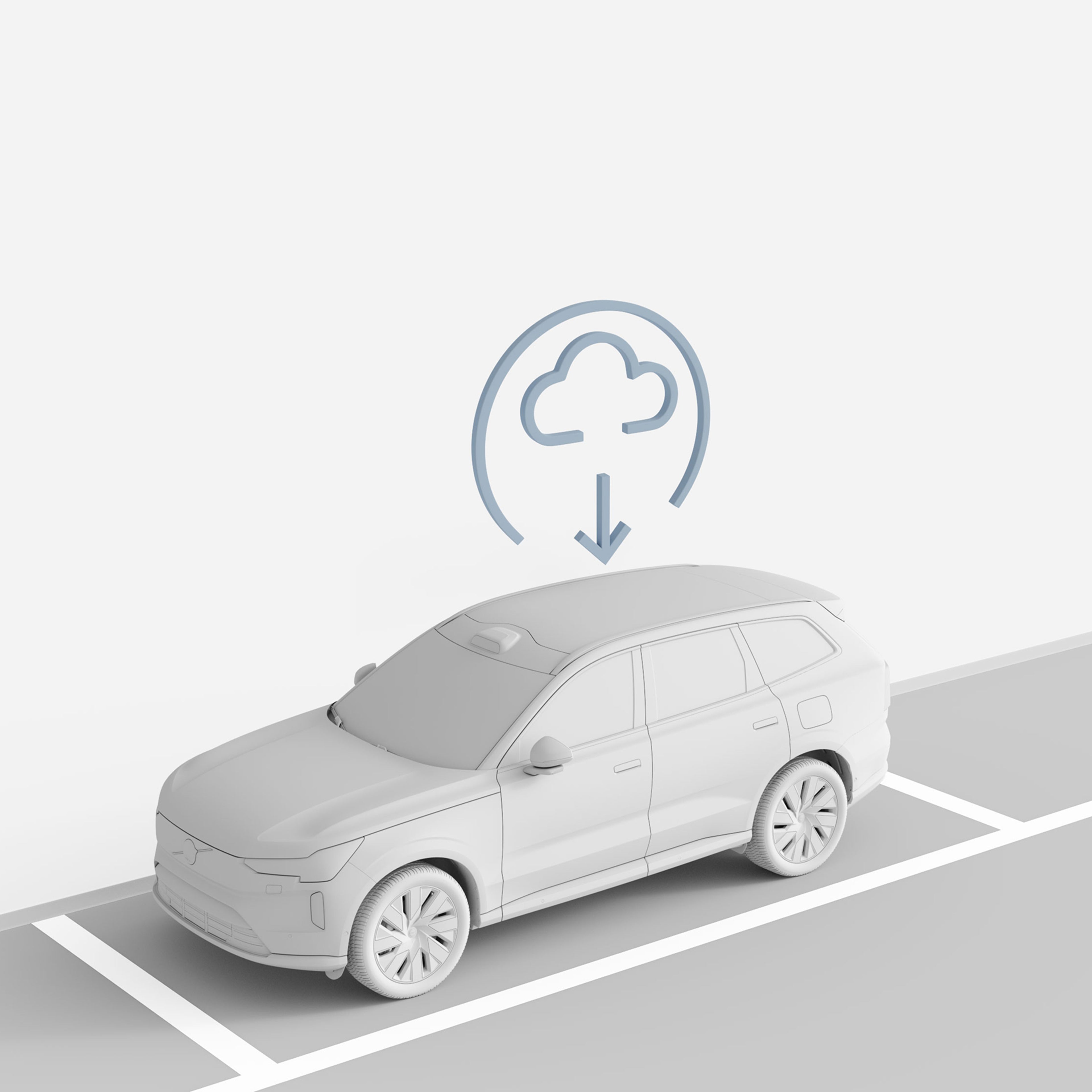 Illustration d’une Volvo sur une place de stationnement, avec une icône en forme de nuage représentant les mises à jour à distance.