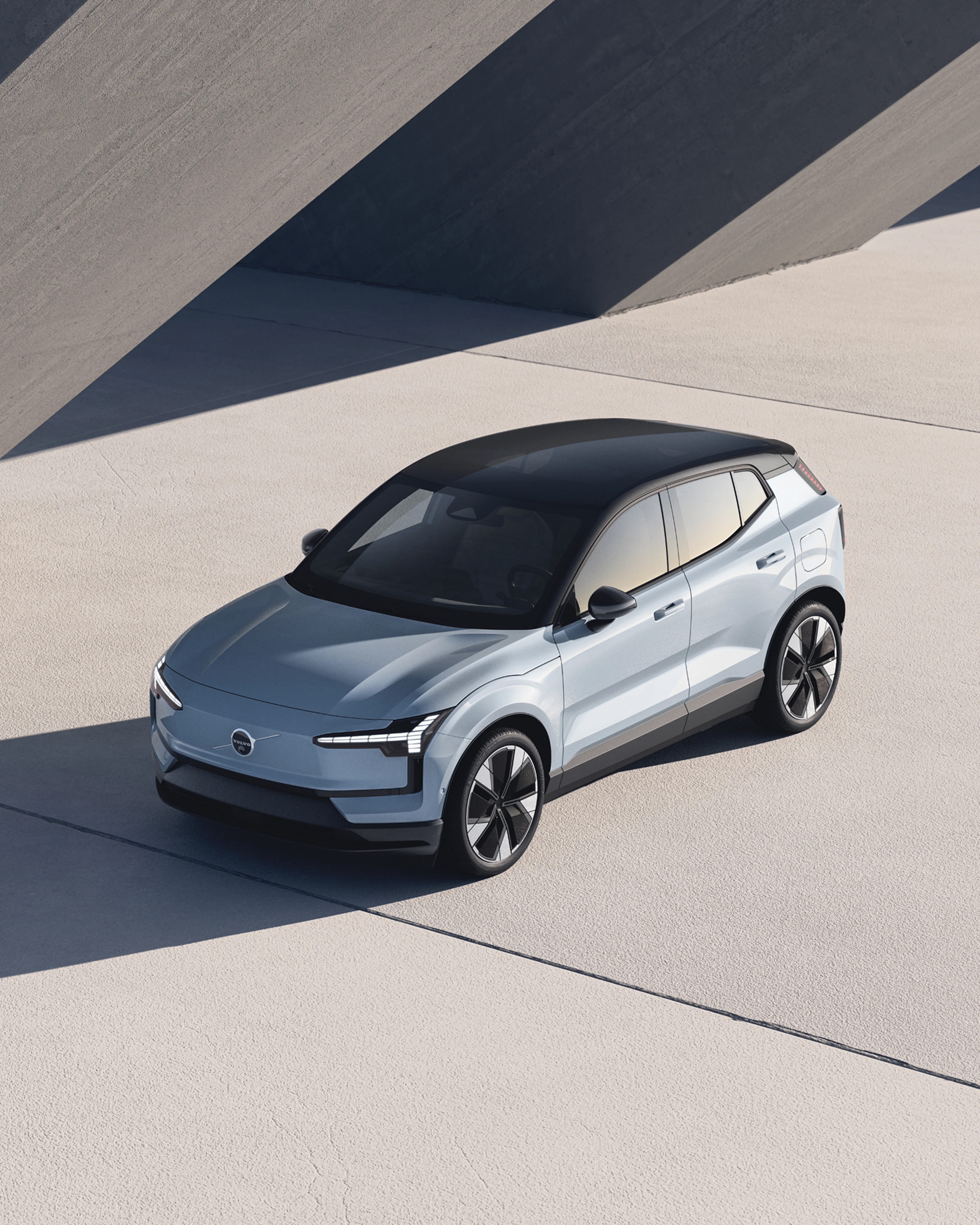 Angled view of the Volvo EX30, showcasing both front and side details.