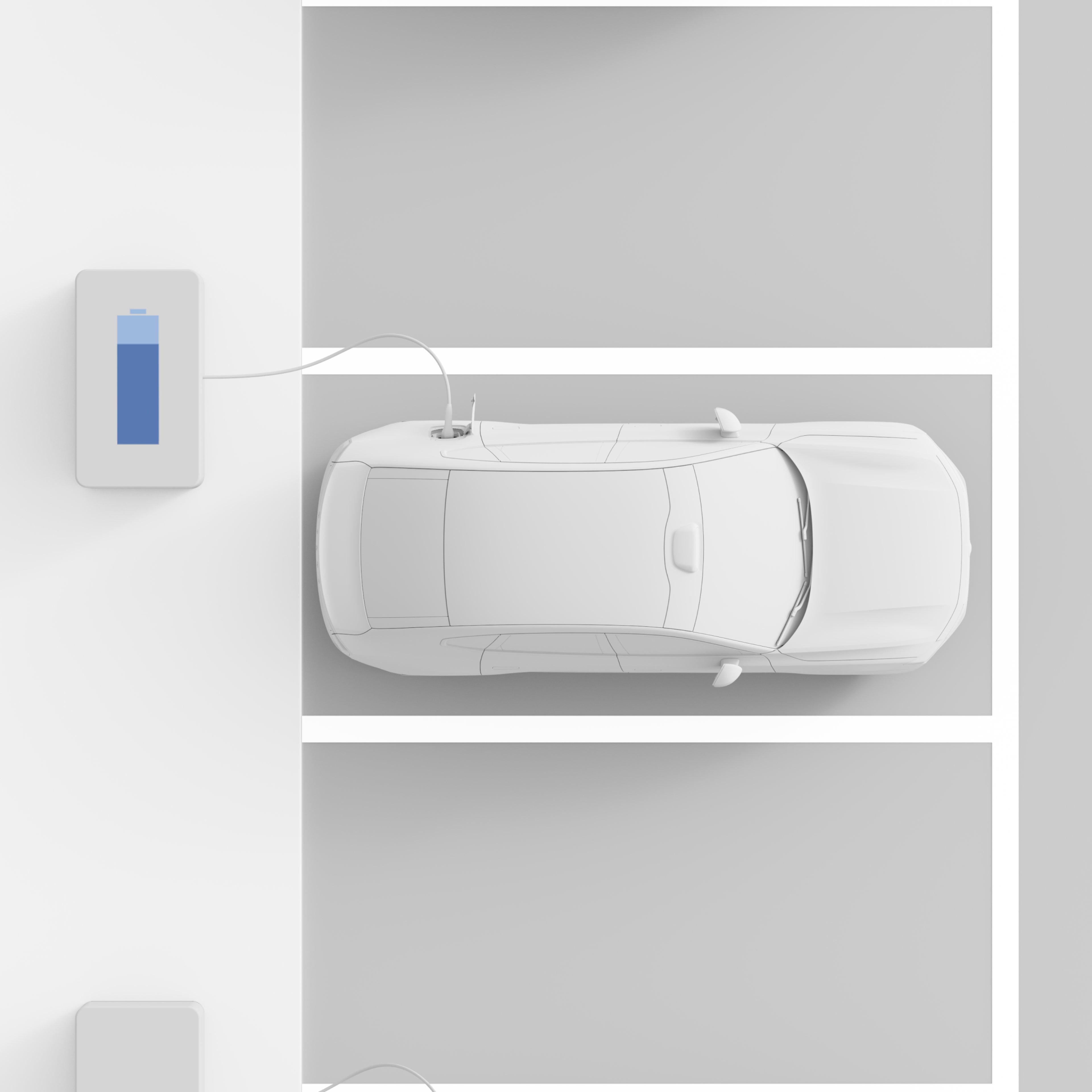 Top view of a Volvo ES90 parked and plugged into a charging station, showcasing seamless public charging.