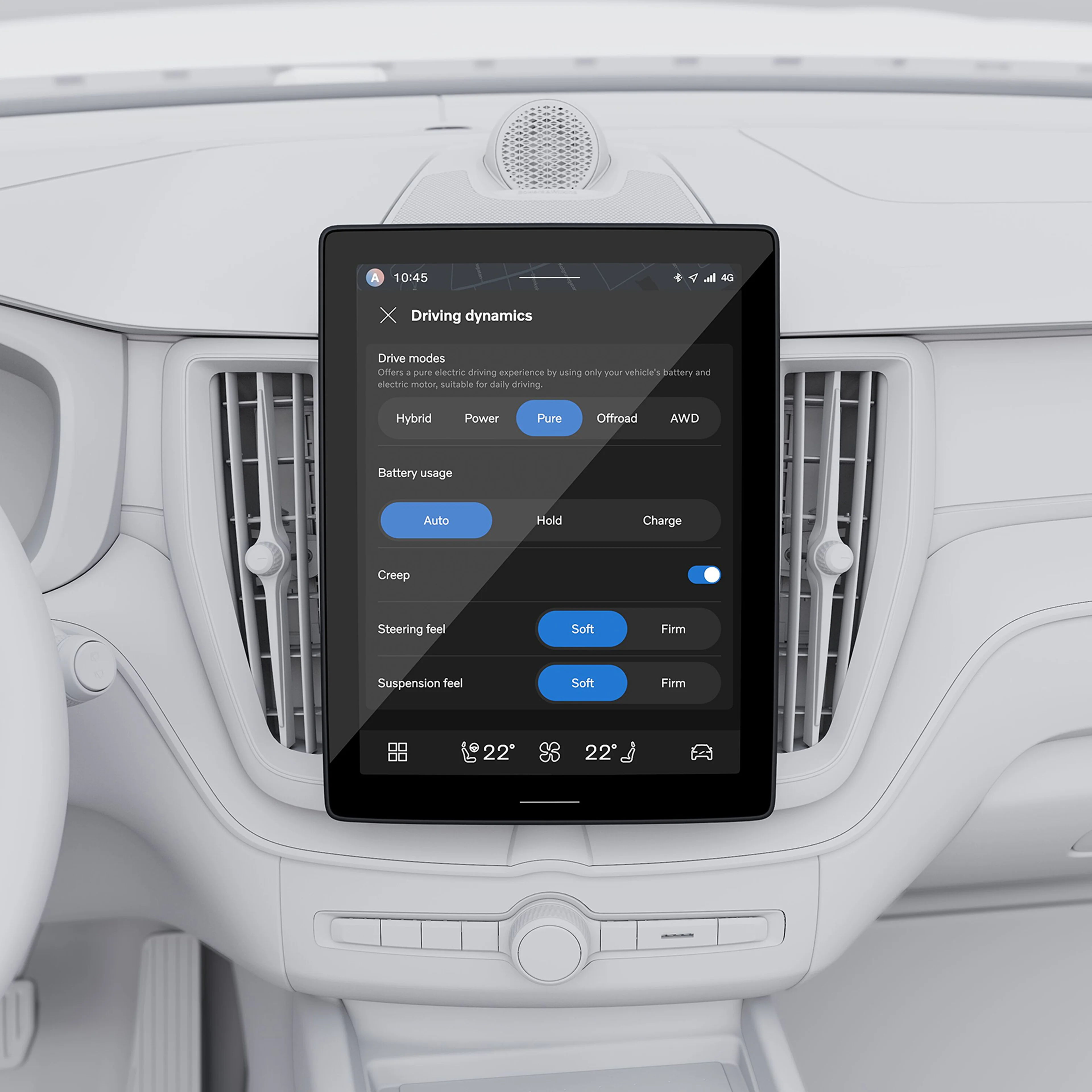 Afișaj central care arată cele cinci moduri diferite de condus ale modelului Volvo XC60 plug-in hybrid.