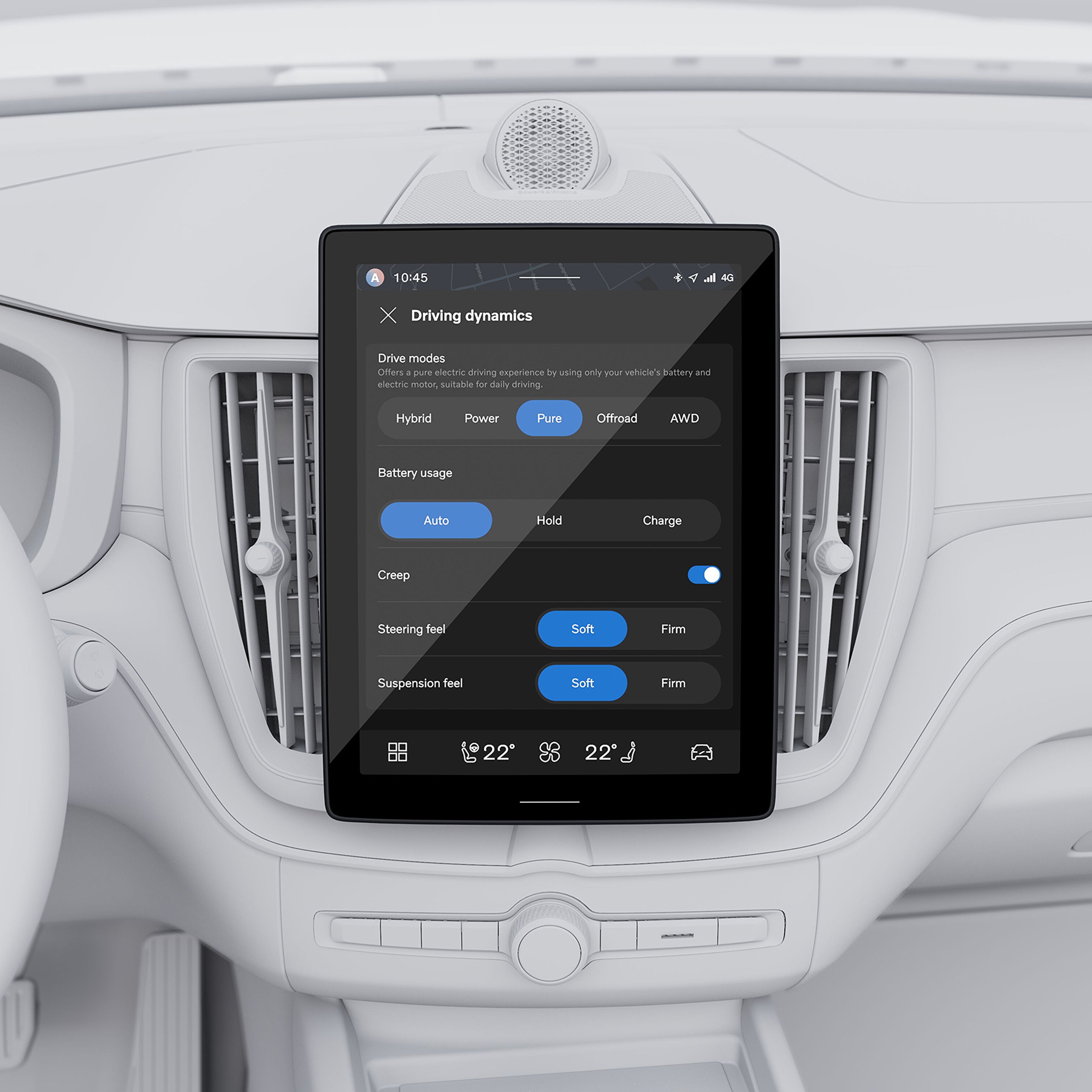Wyświetlacz centralny pokazujący pięć różnych trybów jazdy w hybrydzie Plug-in Volvo XC60.