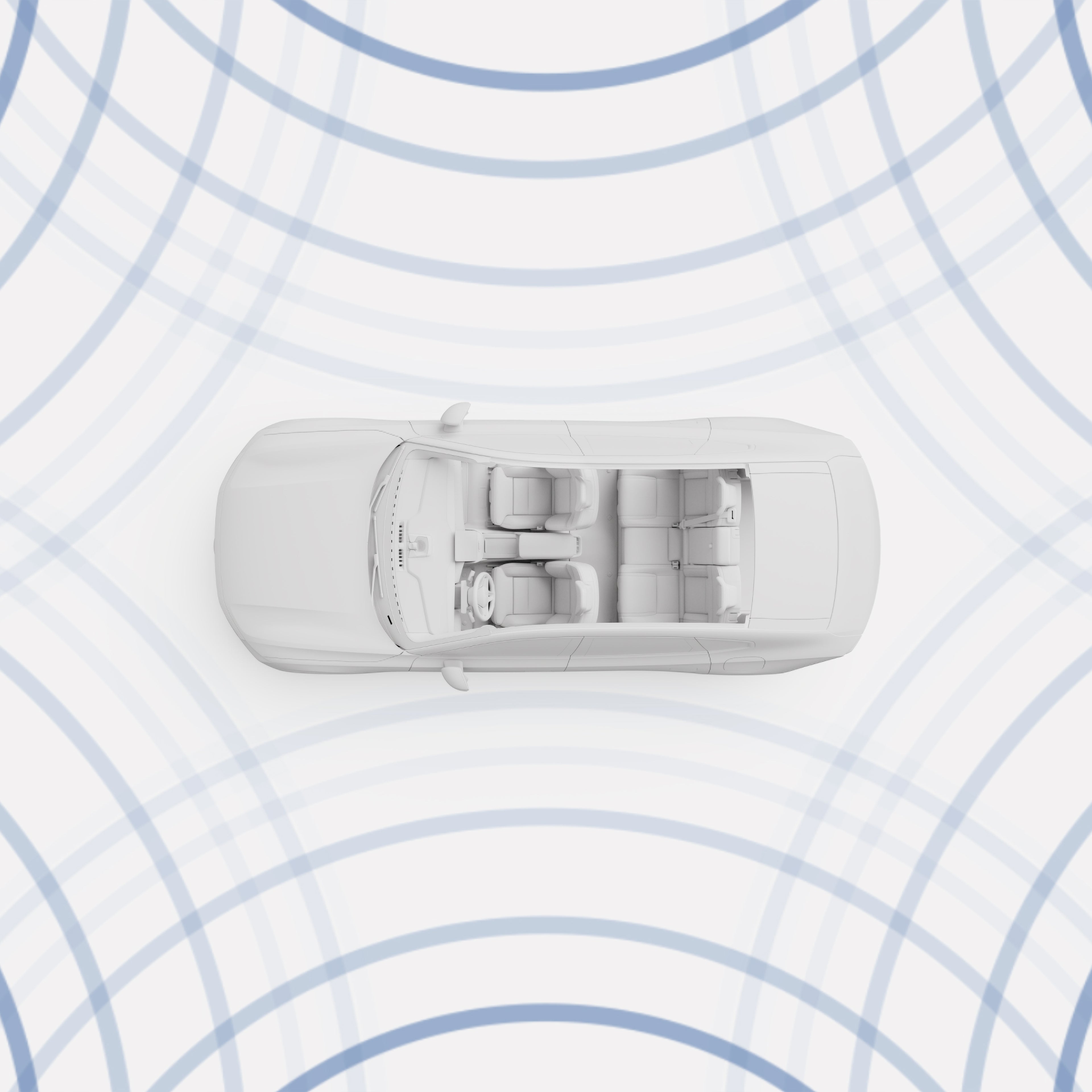 Bovenaanzicht van de Volvo ES90 met blauwe geluidsgolven die het serene en vredige interieur illustreren.