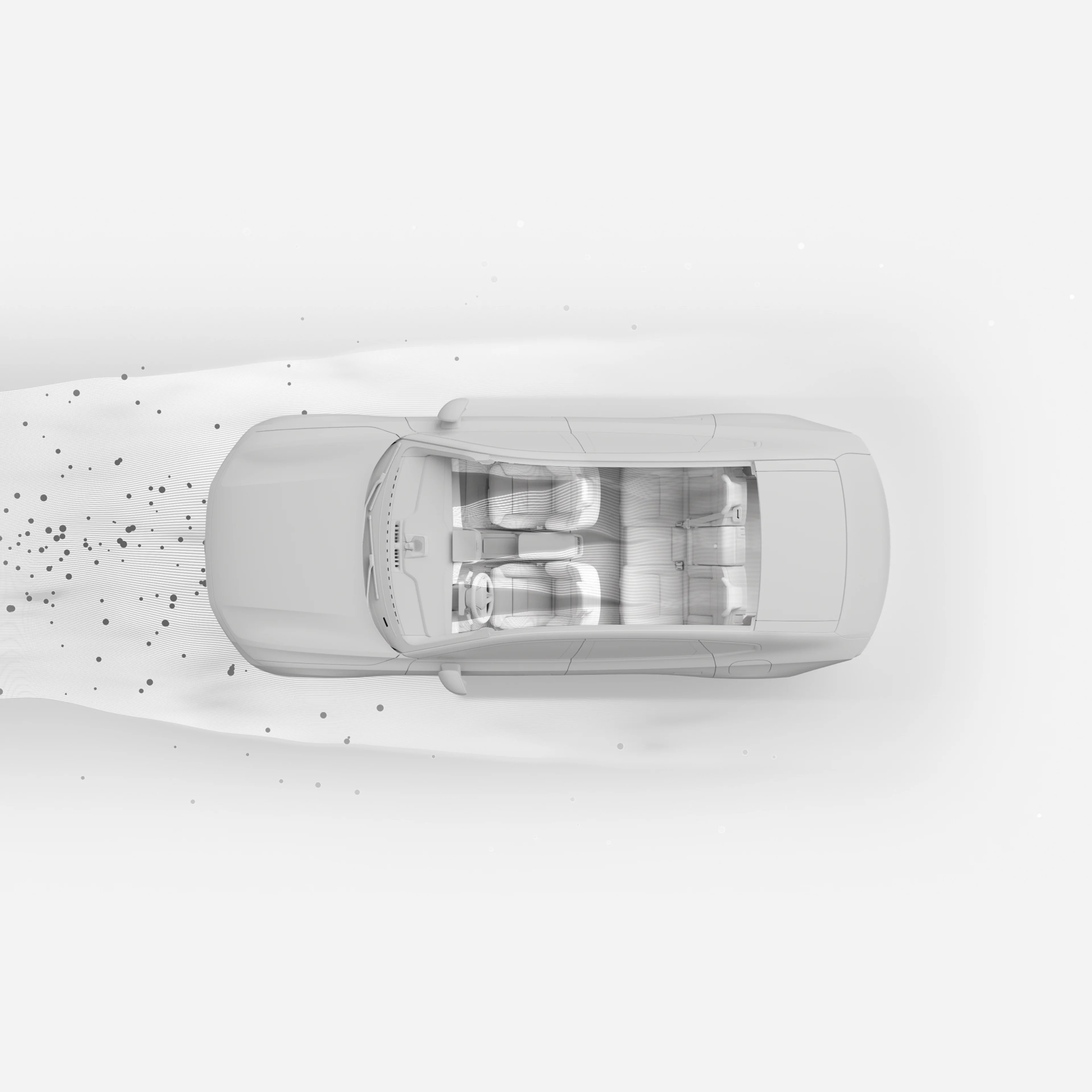 Draufsicht auf den Innenraum des Volvo ES90 mit Visualisierung des Luftstroms, die das fortschrittliche Luftreinigungssystem hervorhebt.