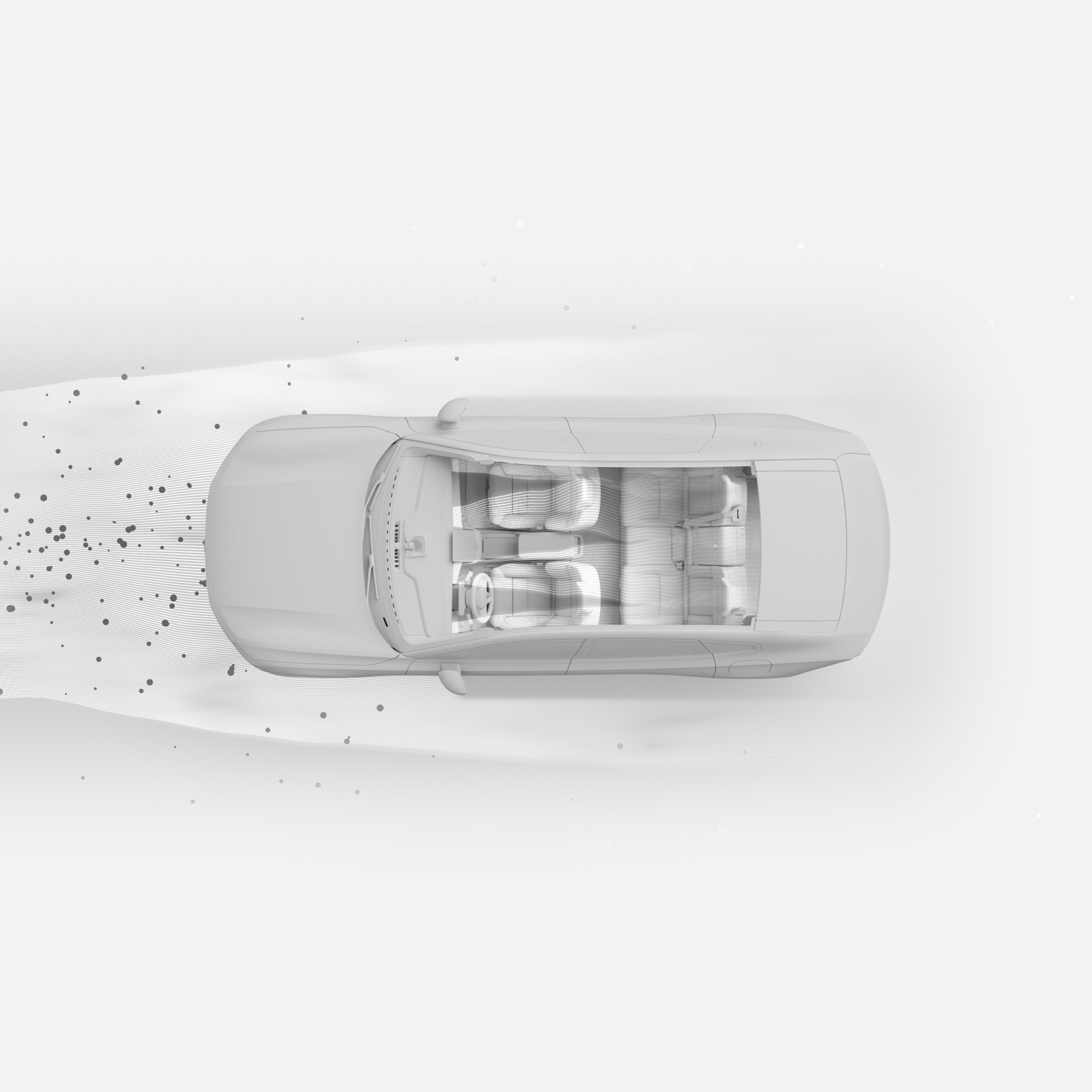 Bovenaanzicht van het interieur van de Volvo ES90 met visualisatie van de luchtstroom, waarbij het geavanceerde luchtzuiveringssysteem wordt benadrukt.