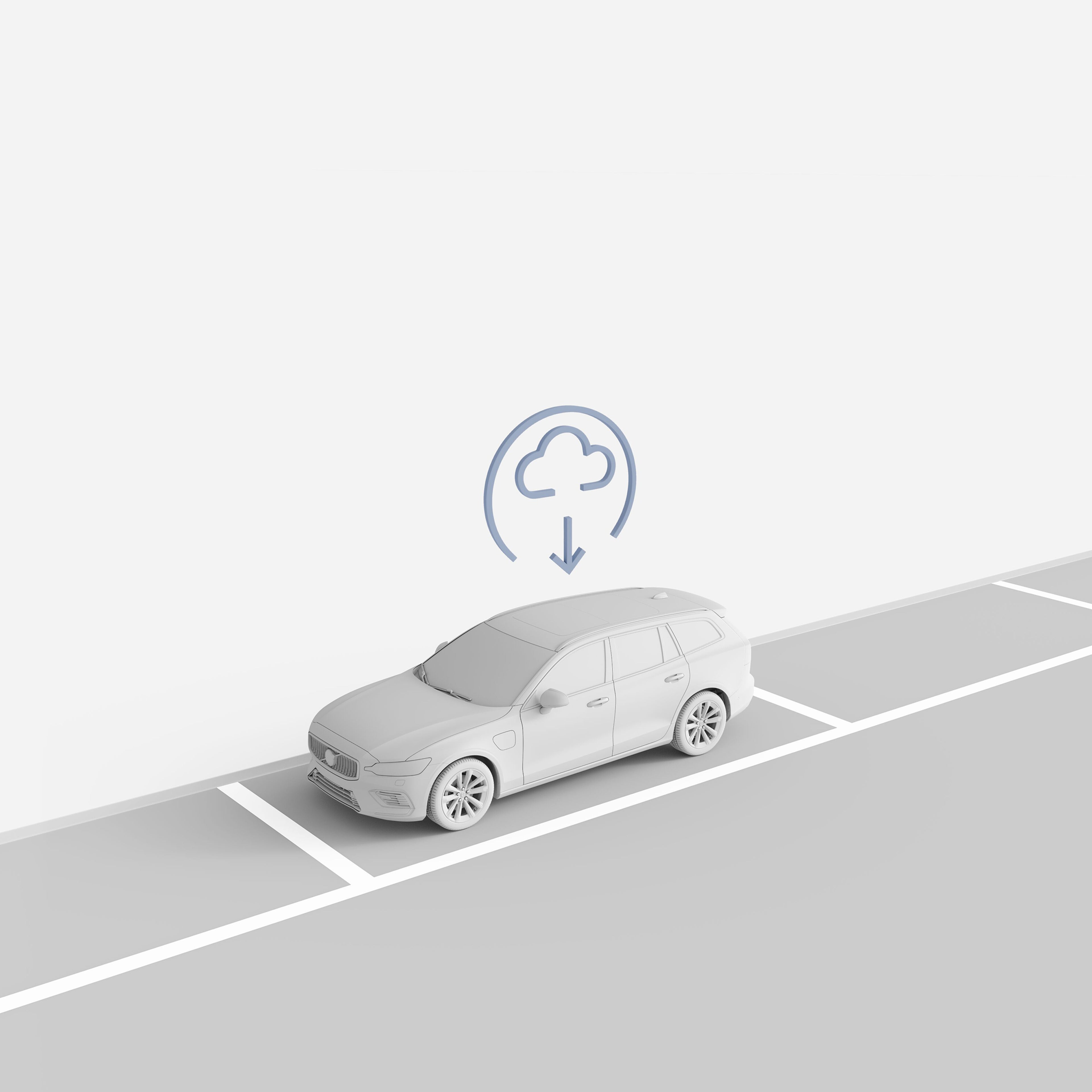 Ilustrácia vozidla Volvo na parkovacom mieste s ikonou oblaku predstavujúcou aktualizácie vzdialeným prístupom.