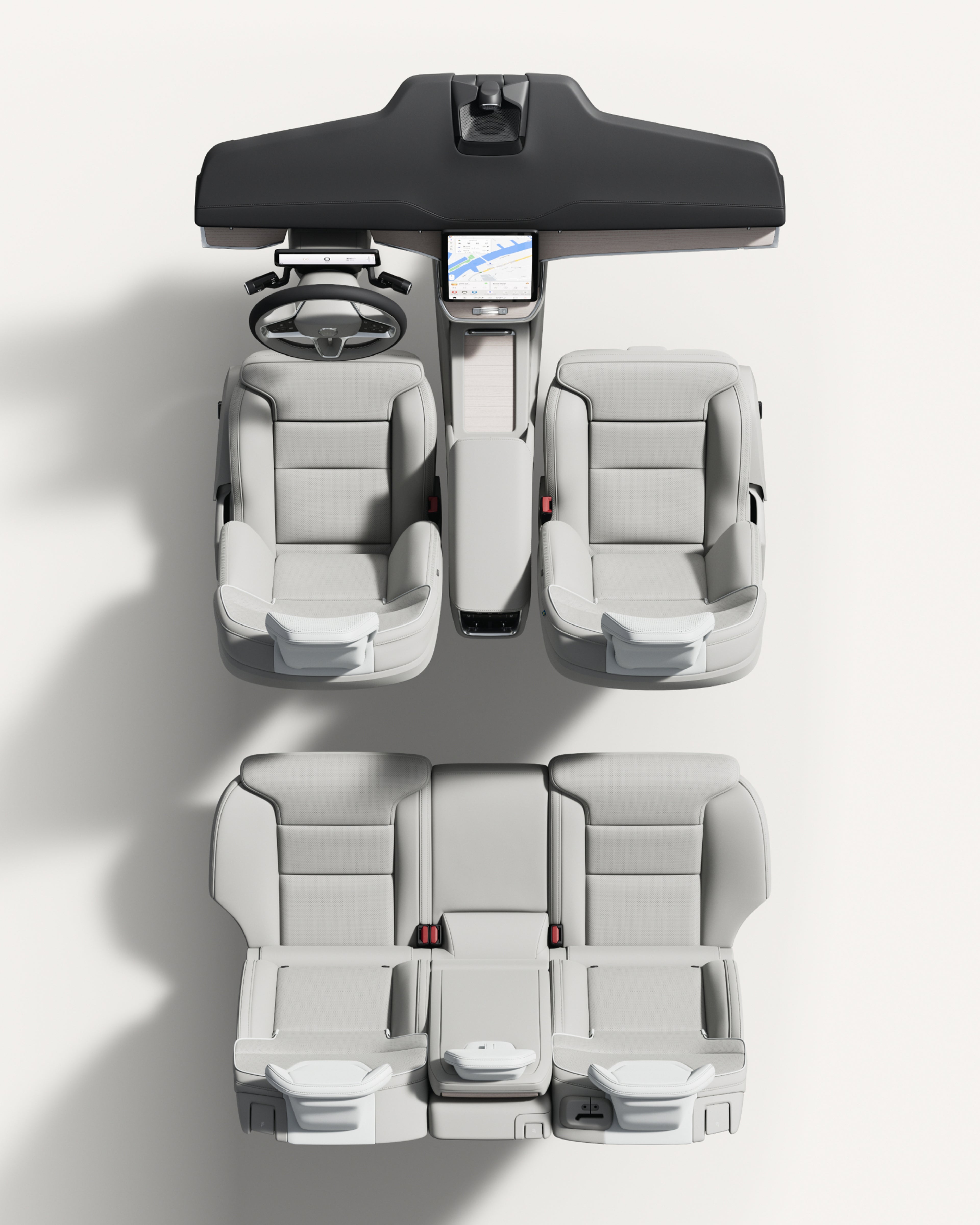 Blick von oben auf den Innenraum des Volvo ES90 mit Sitzen und Mittelkonsole.