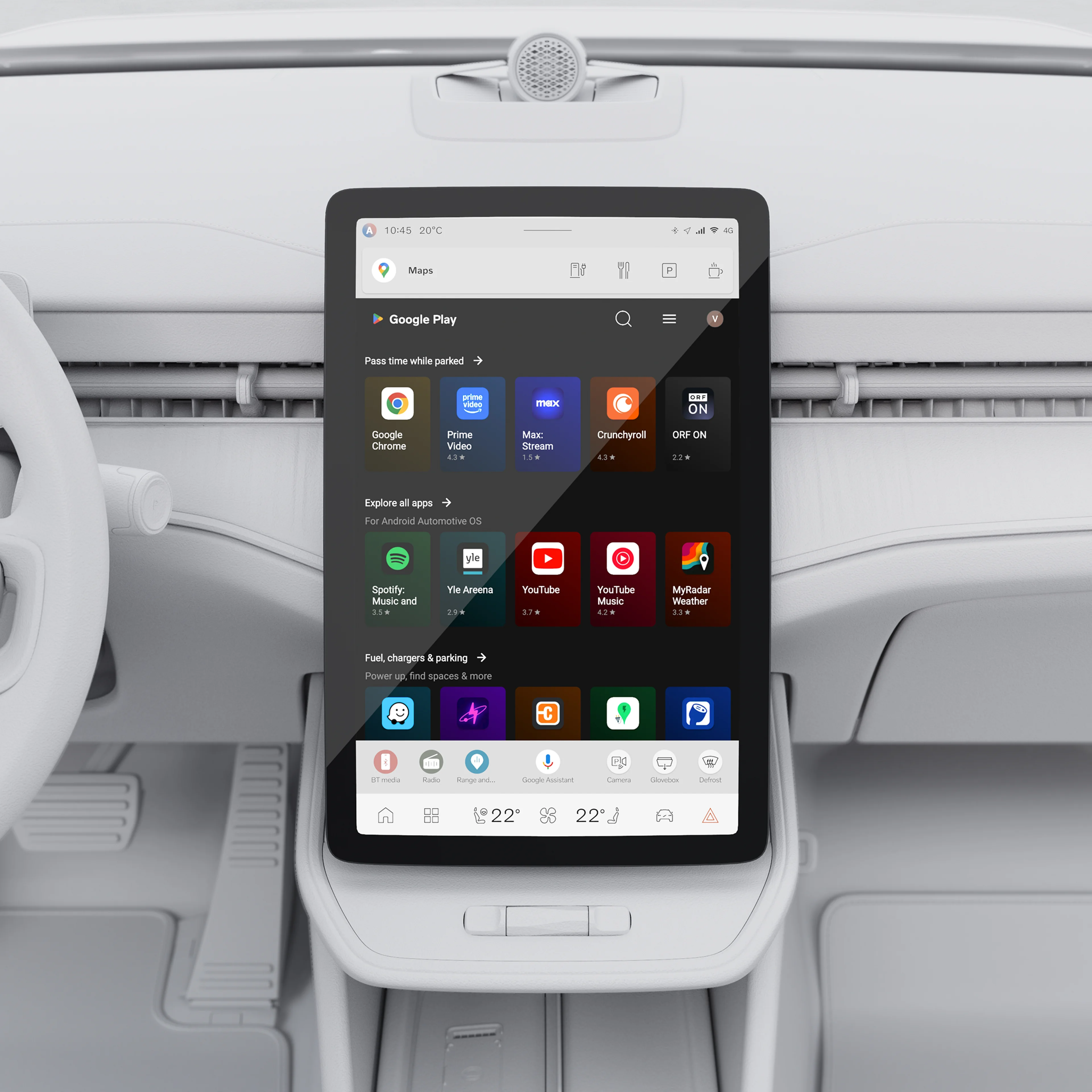 Freistehendes zentrales Display im Volvo ES90 mit Anzeige von Navigation, Medien und Bedienelementen auf einem eleganten Touchscreen.