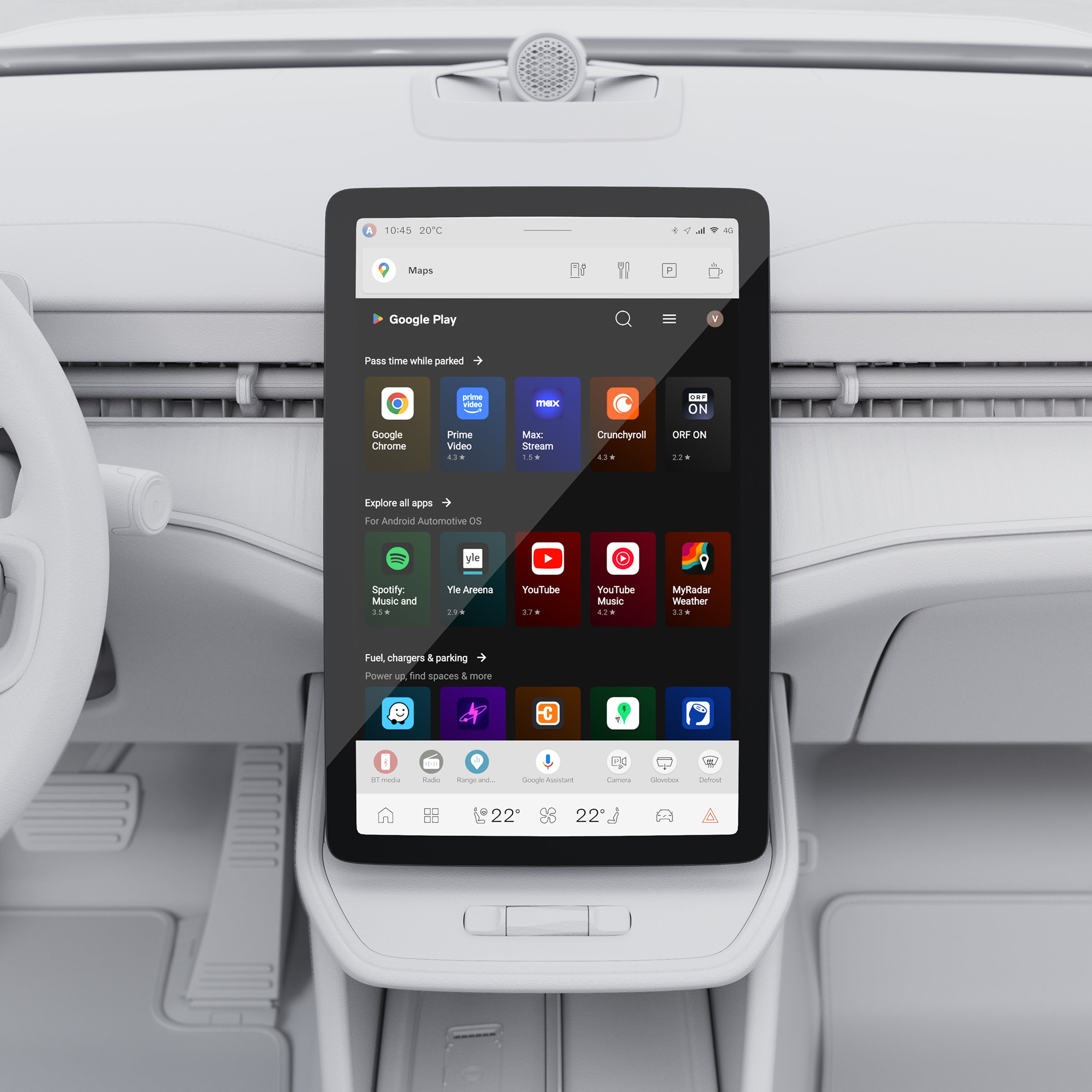 Vrijstaand centraal display in de Volvo ES90 met navigatie, media en bedieningselementen op een slank touchscreen.