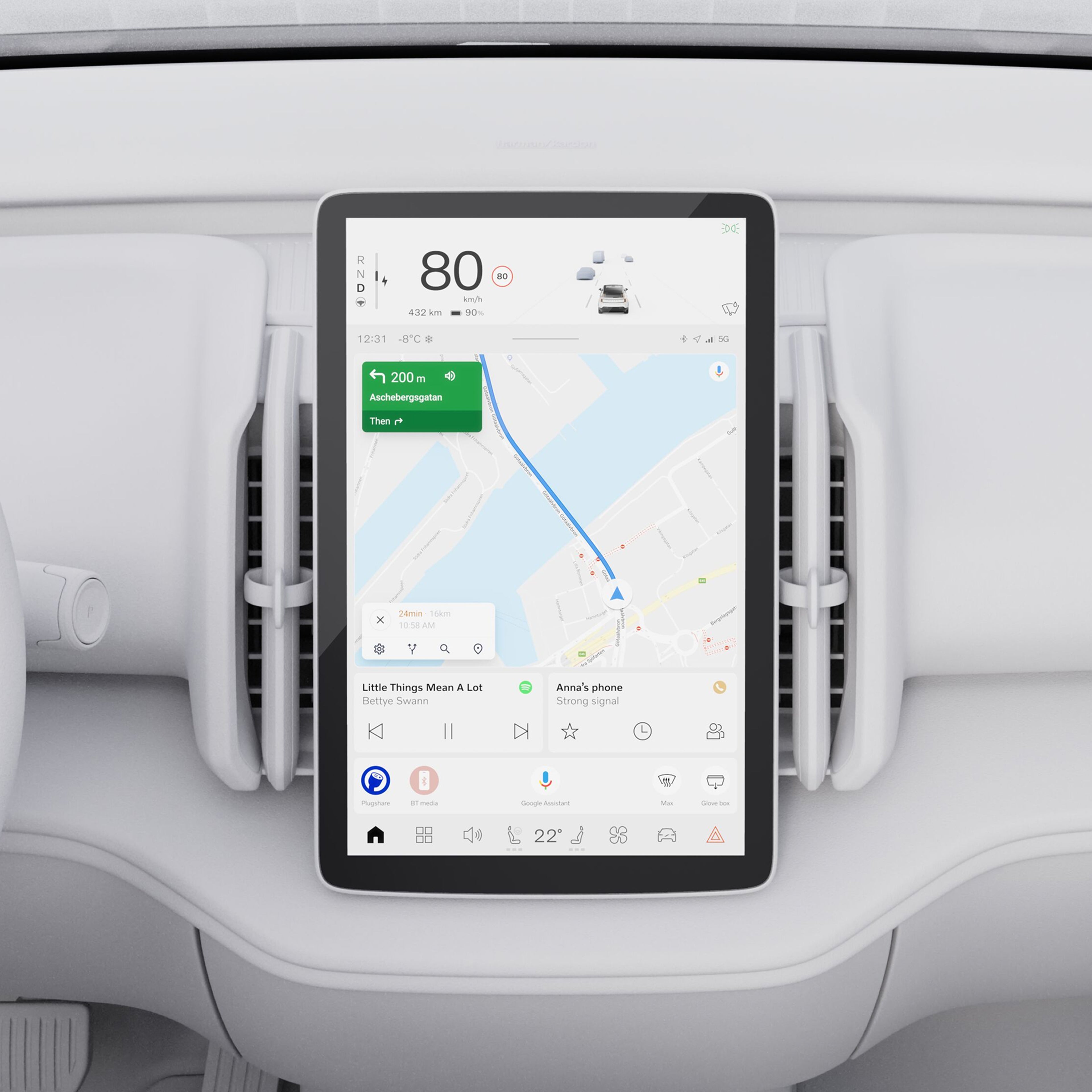 Close-up illustration of the Volvo EX30 center display highlighting Google Maps.