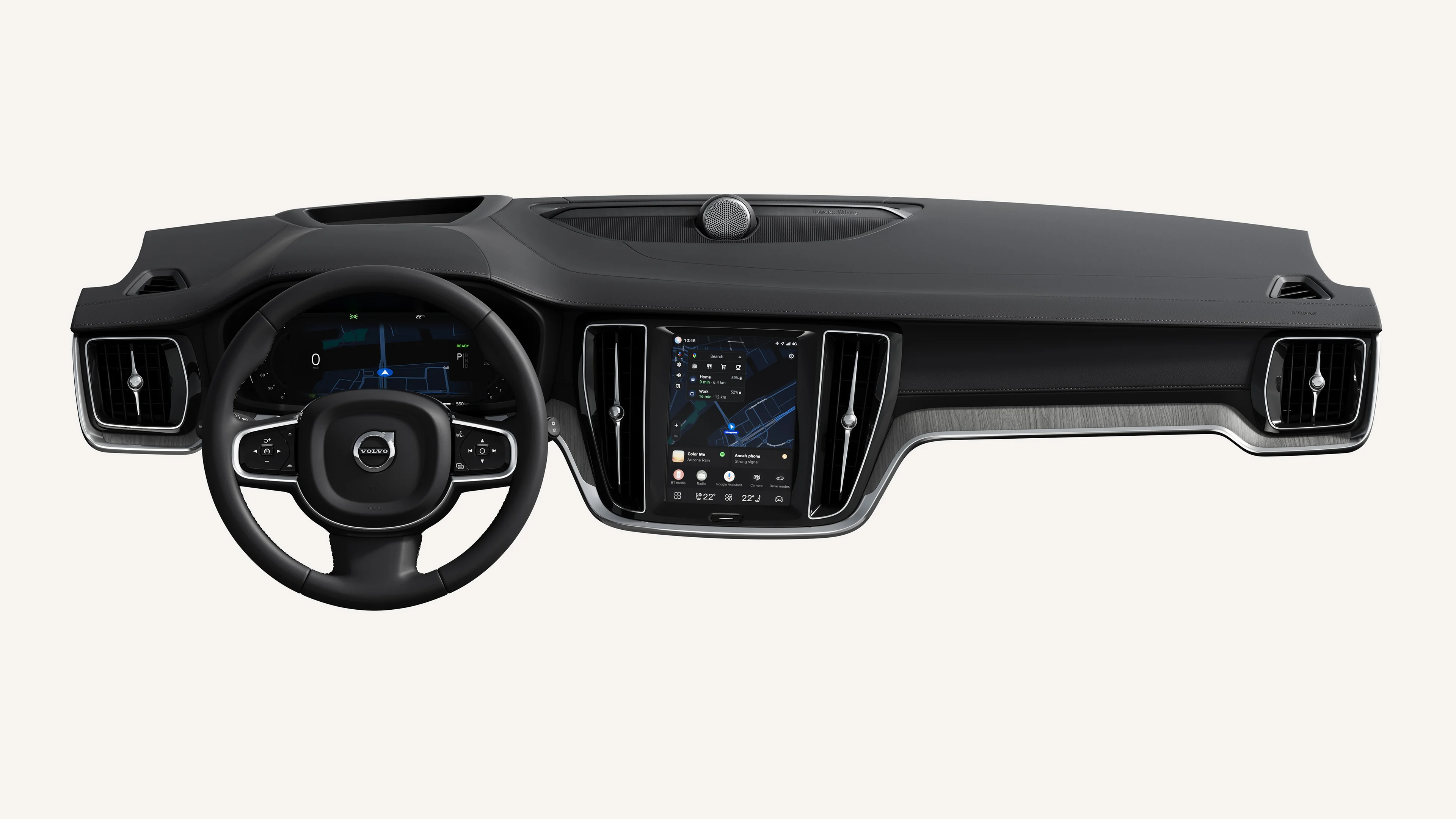 Binnenaanzicht van het dashboard van de Volvo V60, inclusief stuur en touchscreen.