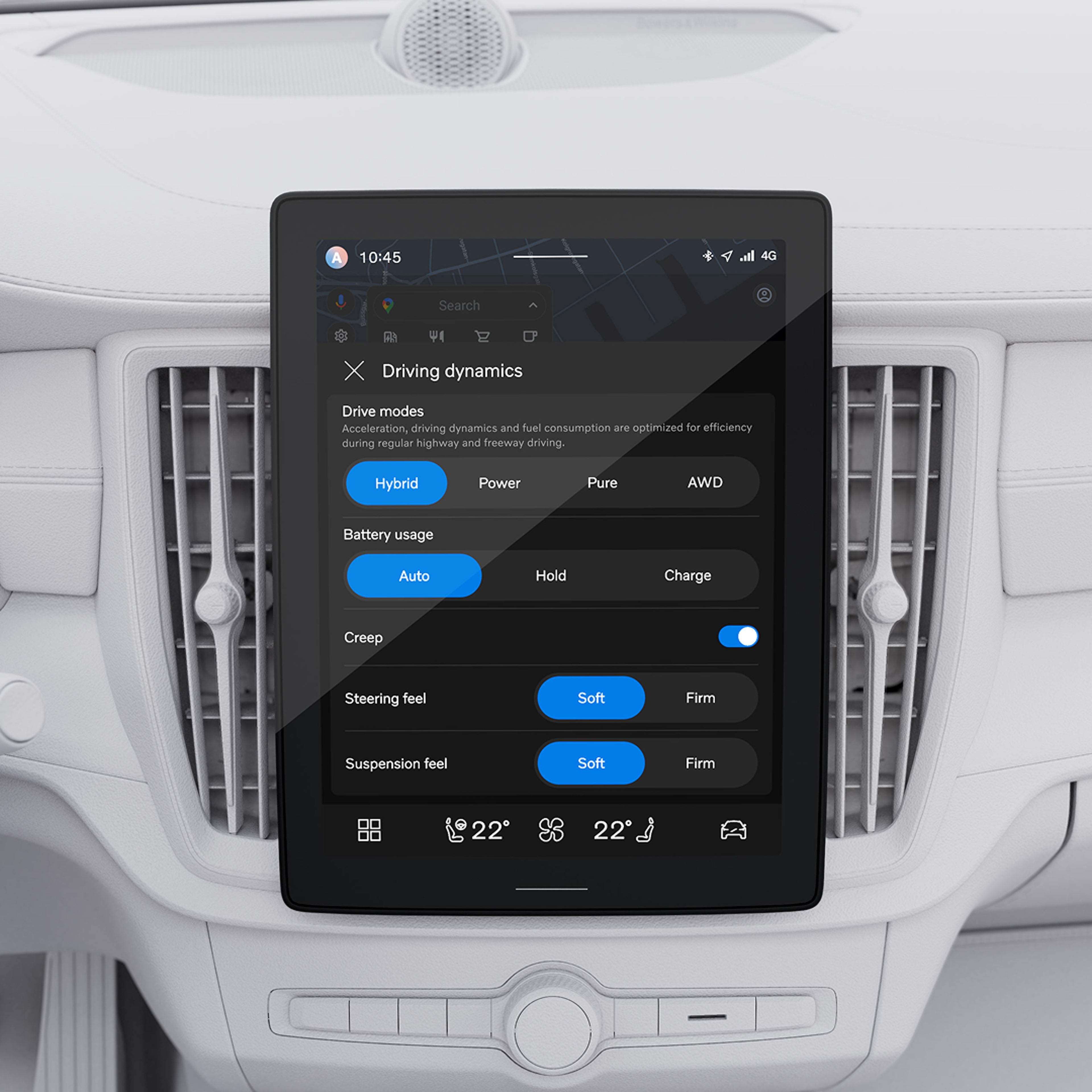 Hình minh họa cận cảnh màn hình trung tâm 11,2 inch của Volvo S90, giới thiệu các chế độ lái.