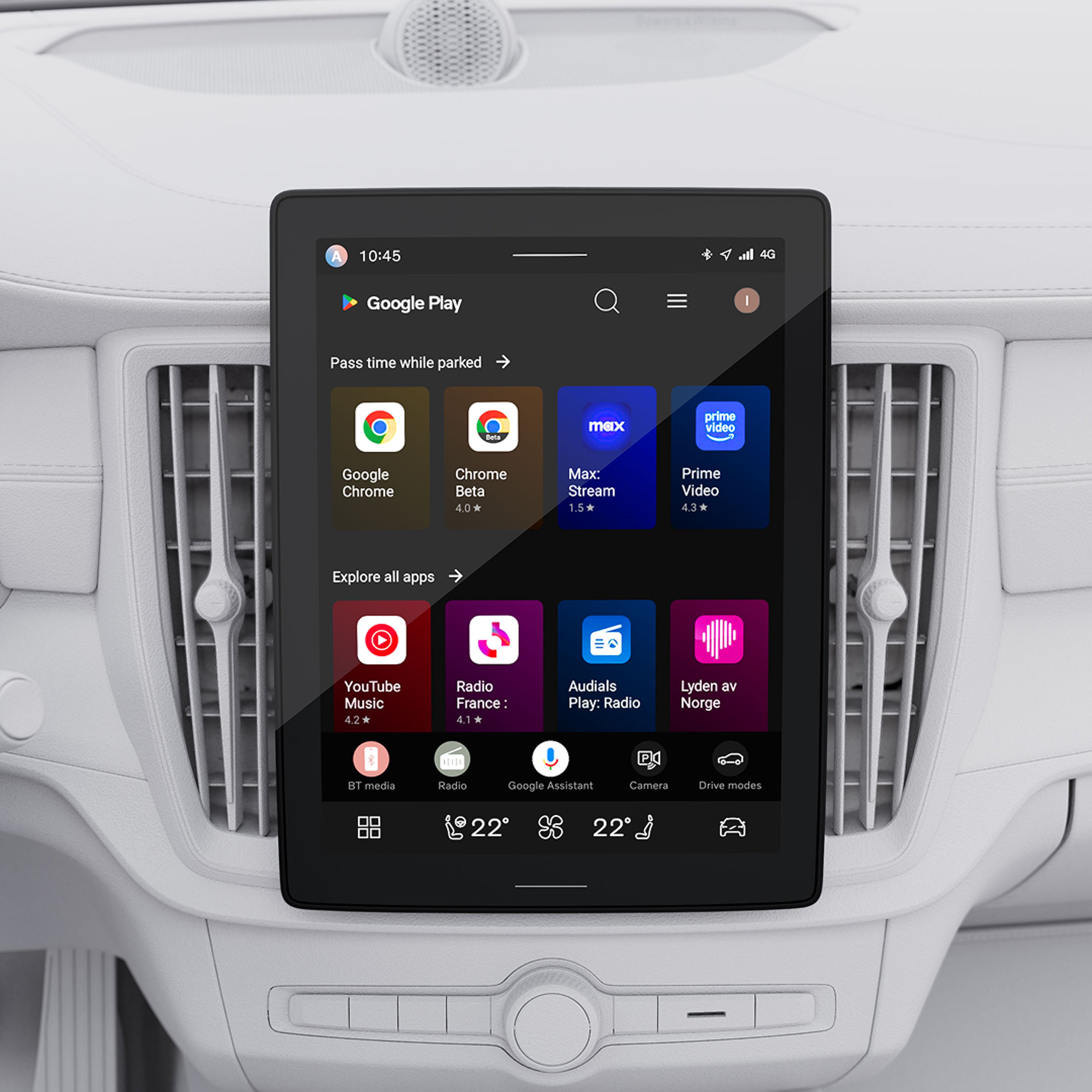 Close-up illustration of the Volvo S90 11.2-inch center display, showcasing the application overview.